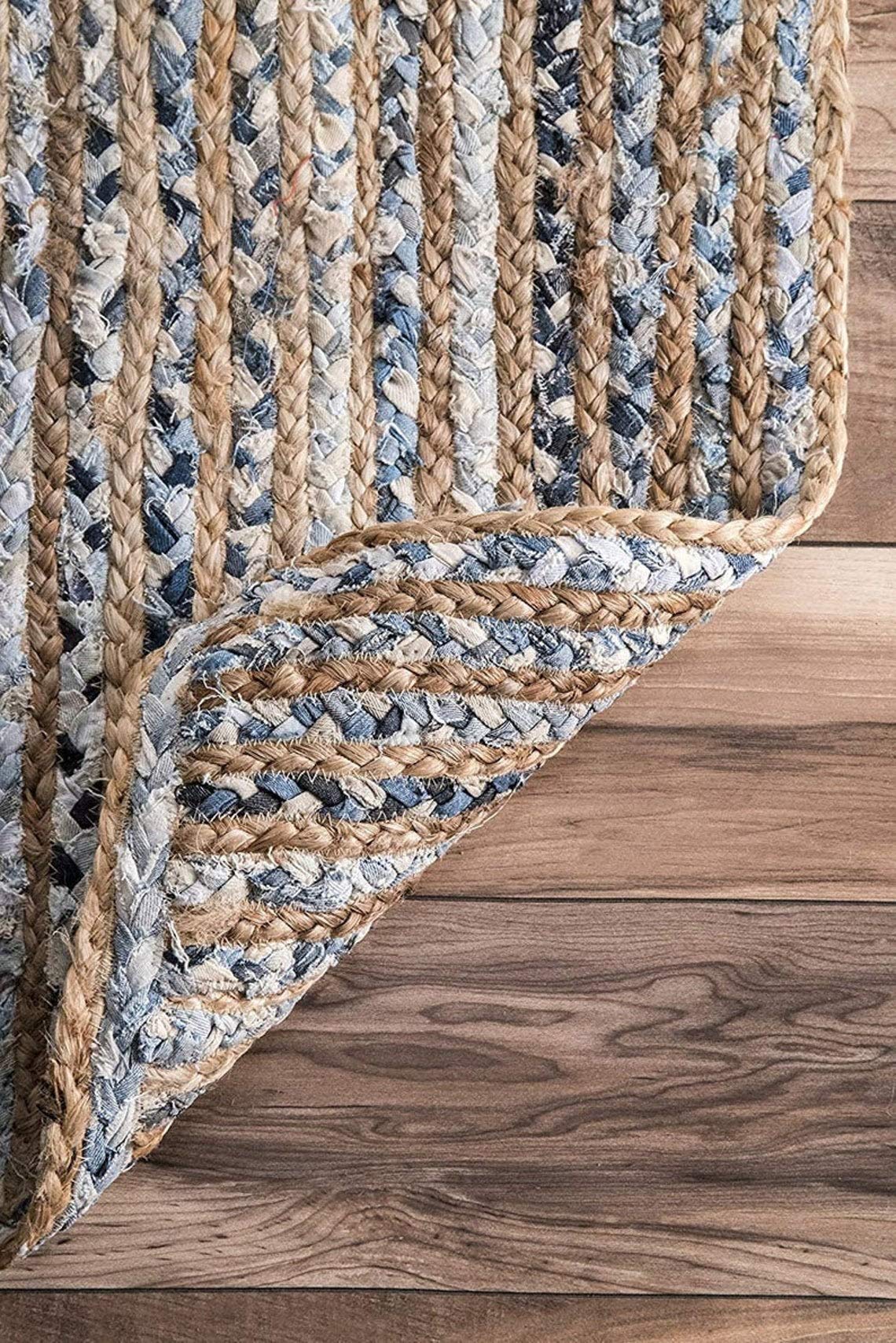 Tapis indien tressé à la main en jute naturelle avec denim et coton - Pour salle à manger, salon - Ovale (60 cm x 90 cm)