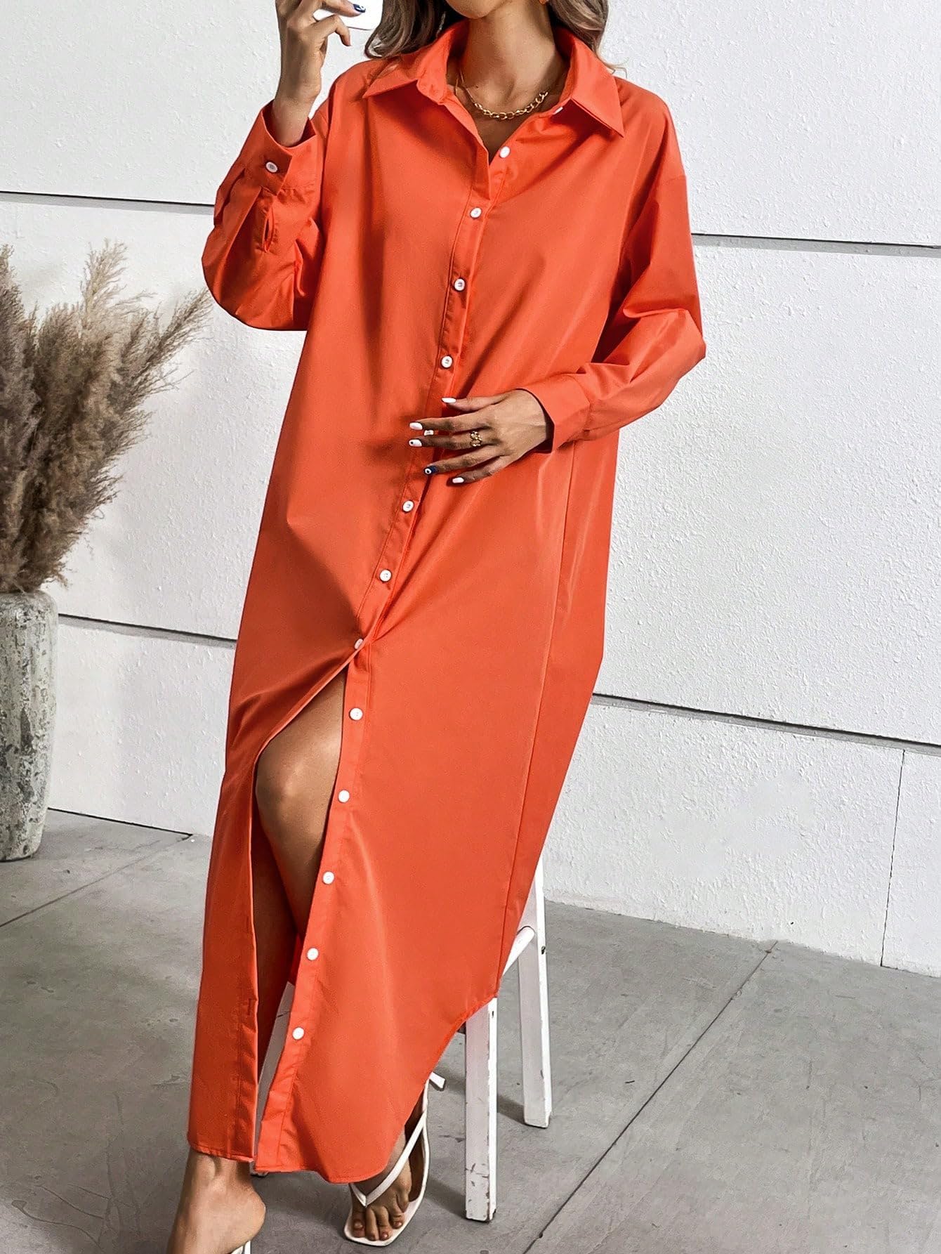 Amazon.com: Solid Button Front Shirt Dress in Burnt Orange - Casual Long  Sleeve Oversized Shirt for Women (Color : Burnt Orange, Size : X-Small) :  Clothing, Shoes \u0026 Jewelry