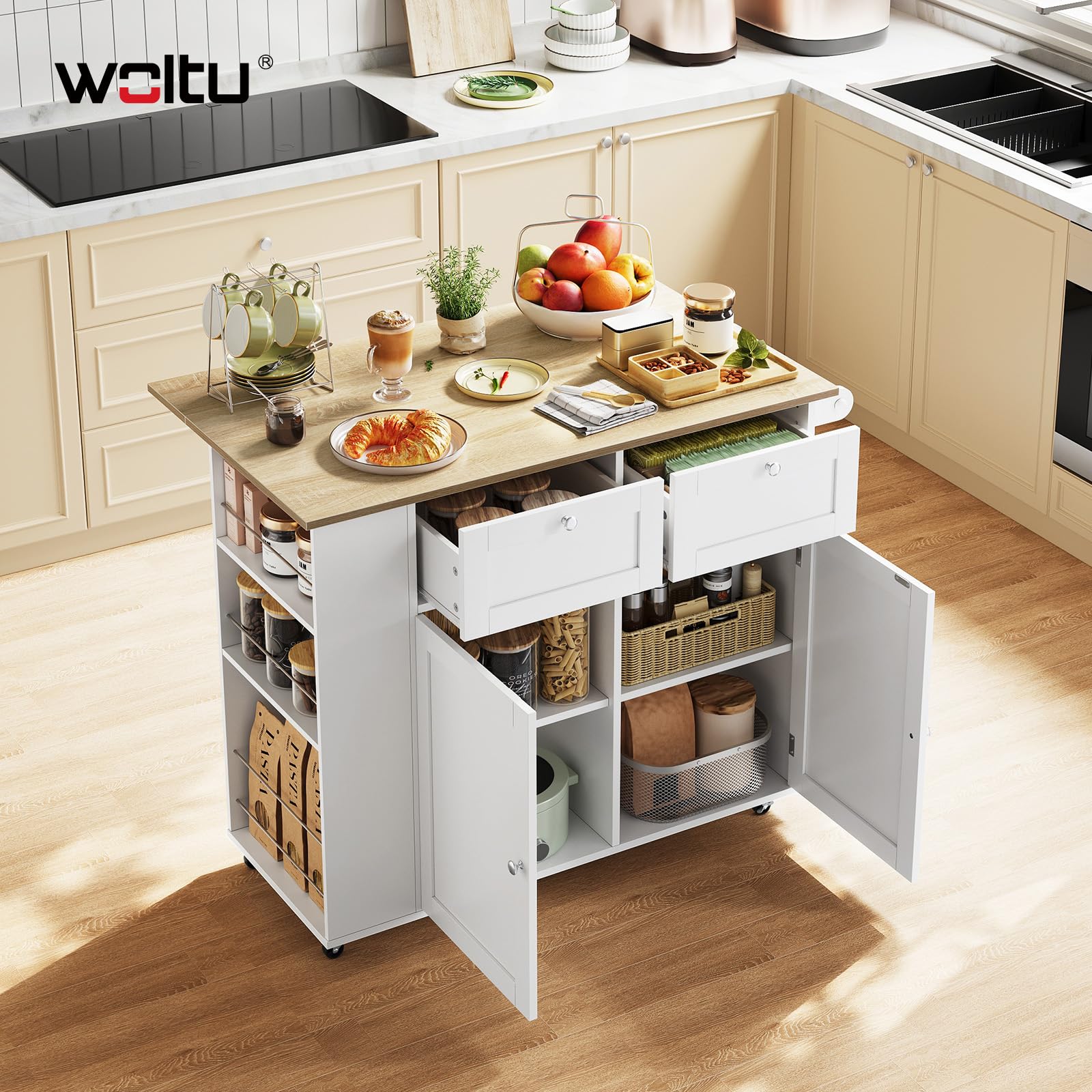 WOLTU Isola Cucina con Ruote Girevoli a 360°, Piano Ribaltabile, Scaffale Laterale a 3 Ripiani e 2 Cassetti, Carrello Cucina in Legno con 2 Ante e Portasciugamani, Rovere Chiaro + Bianco