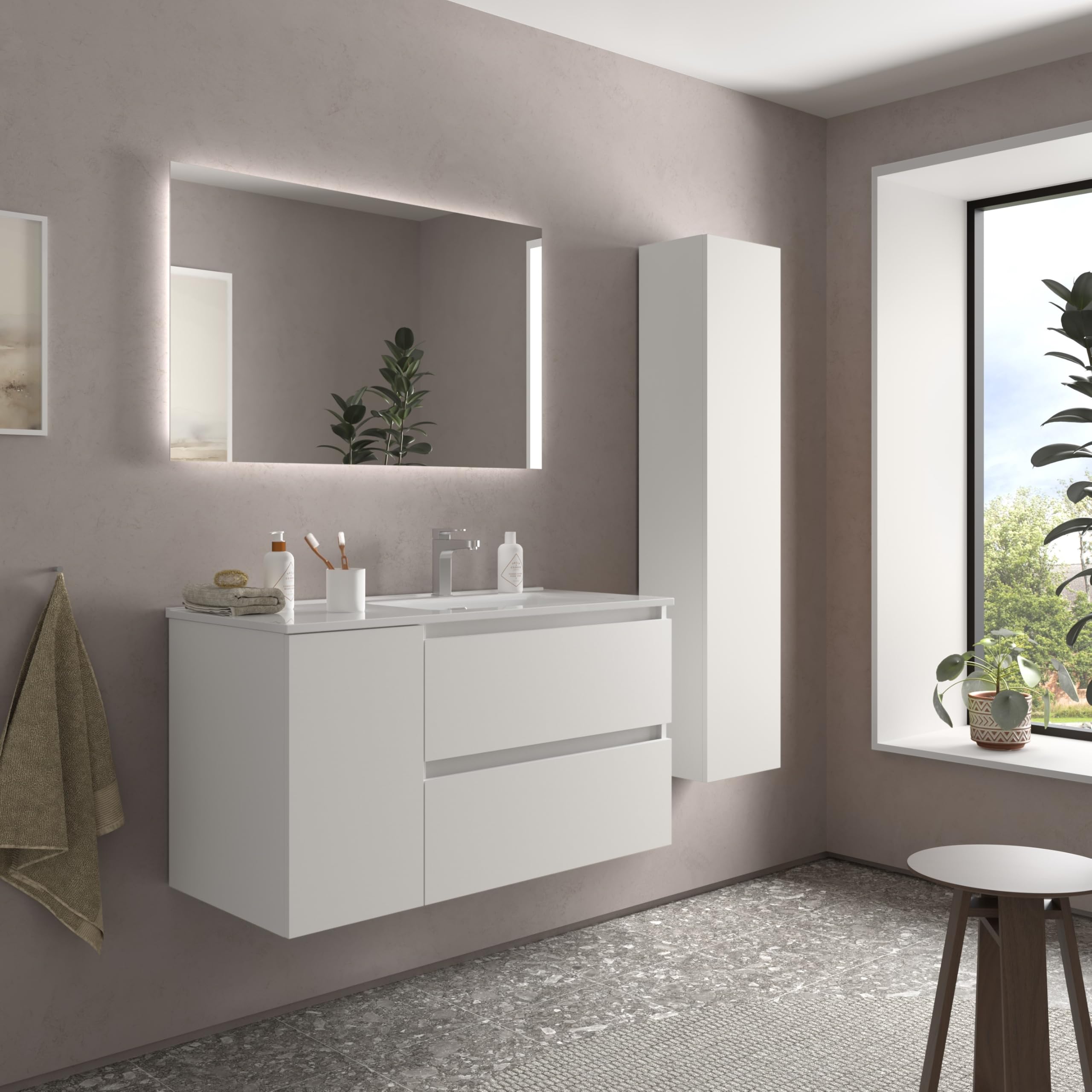 Salgar Mueble de Baño Bequia 100cm + Coqueta 1 Puerta Izquierda + Lavabo cerámica | Blanco Mate |100x45x56
