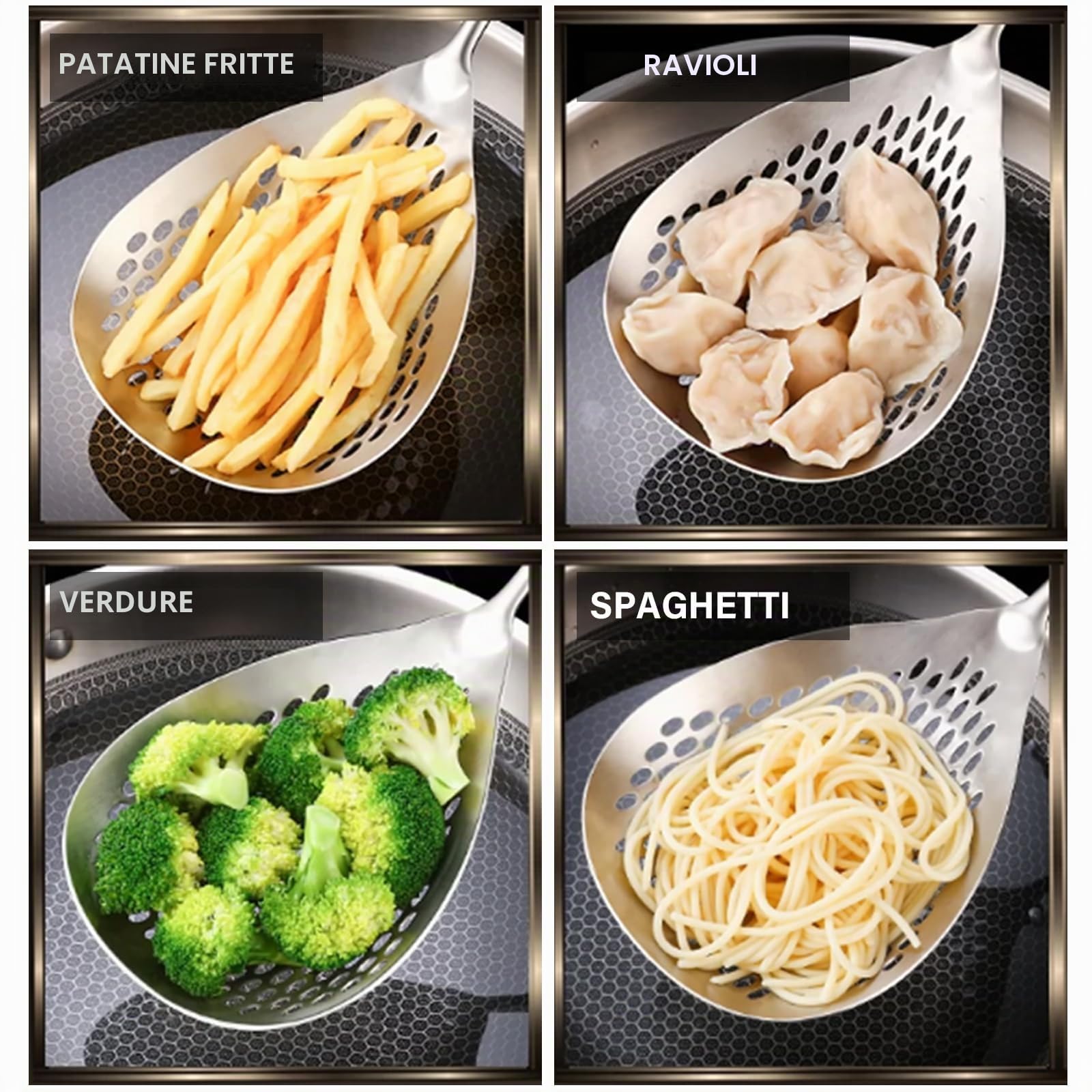 KAYCROWN Schiumarola scanalata, in acciaio inox 304, mestolo per schiumarola, colino per cucinare e friggere, colino per pasta, frittura, cucina