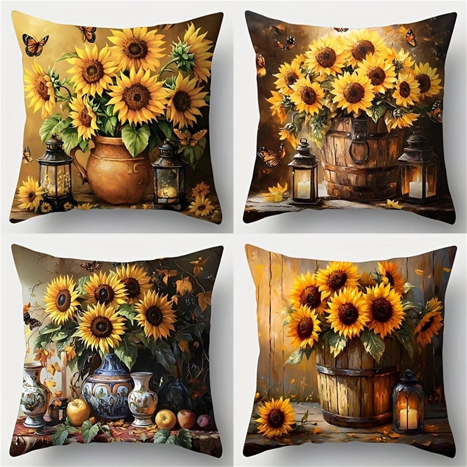 Fundas de Cojines 60x60 cm, Juego de 4 Fundas para Cojines Decorativas de Lino, Jarrón Girasoles, Fundas de Almohada para Sofá, Silla y Decoración de Interiores