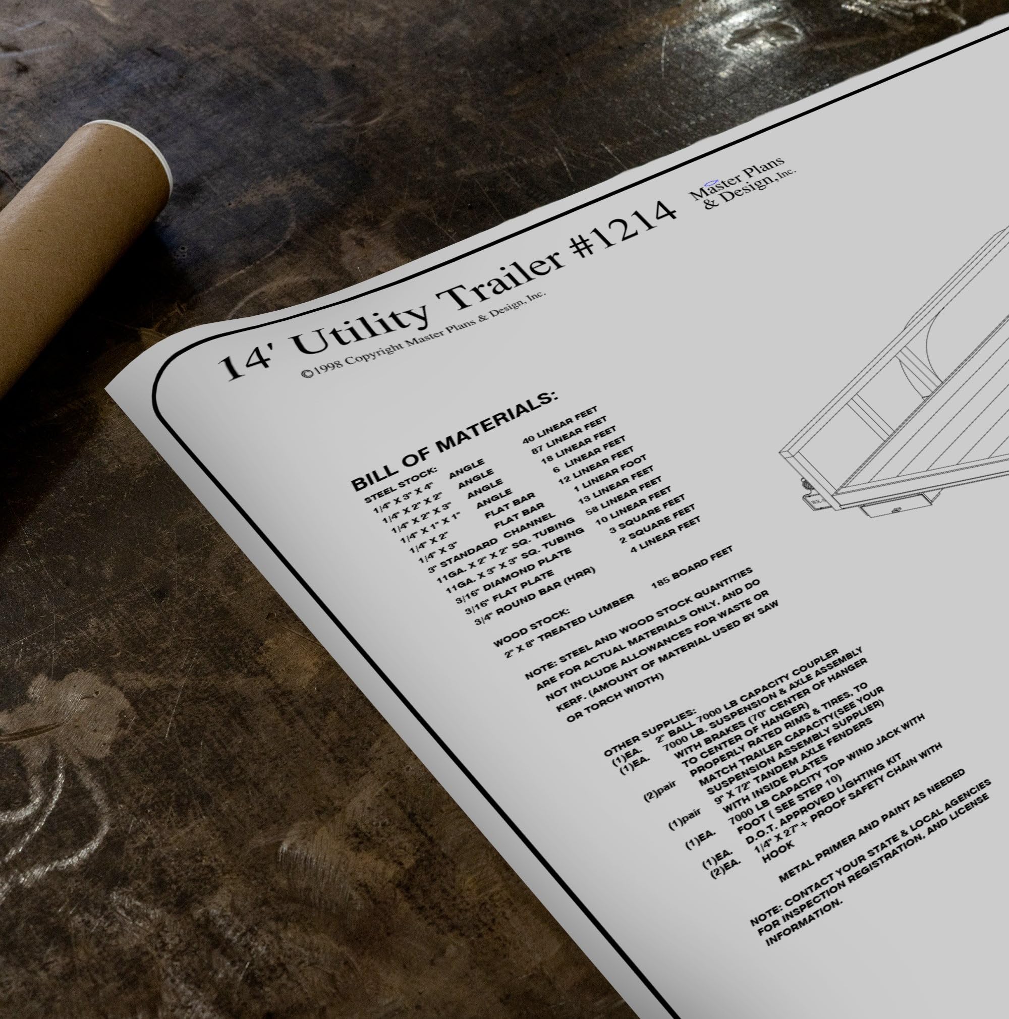 1214-6' x 14' Tandem Axle 7K Utility Lowboy Trailer DIY Master Plan - 17 How-to Steps w/Blueprint Paper - Engineer Approved
