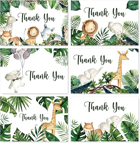 AnyDesign Tarjetas de agradecimiento del bosque con sobres, calcomanías de safari selva, paquete de 30 tarjetas de felicitación de animales del