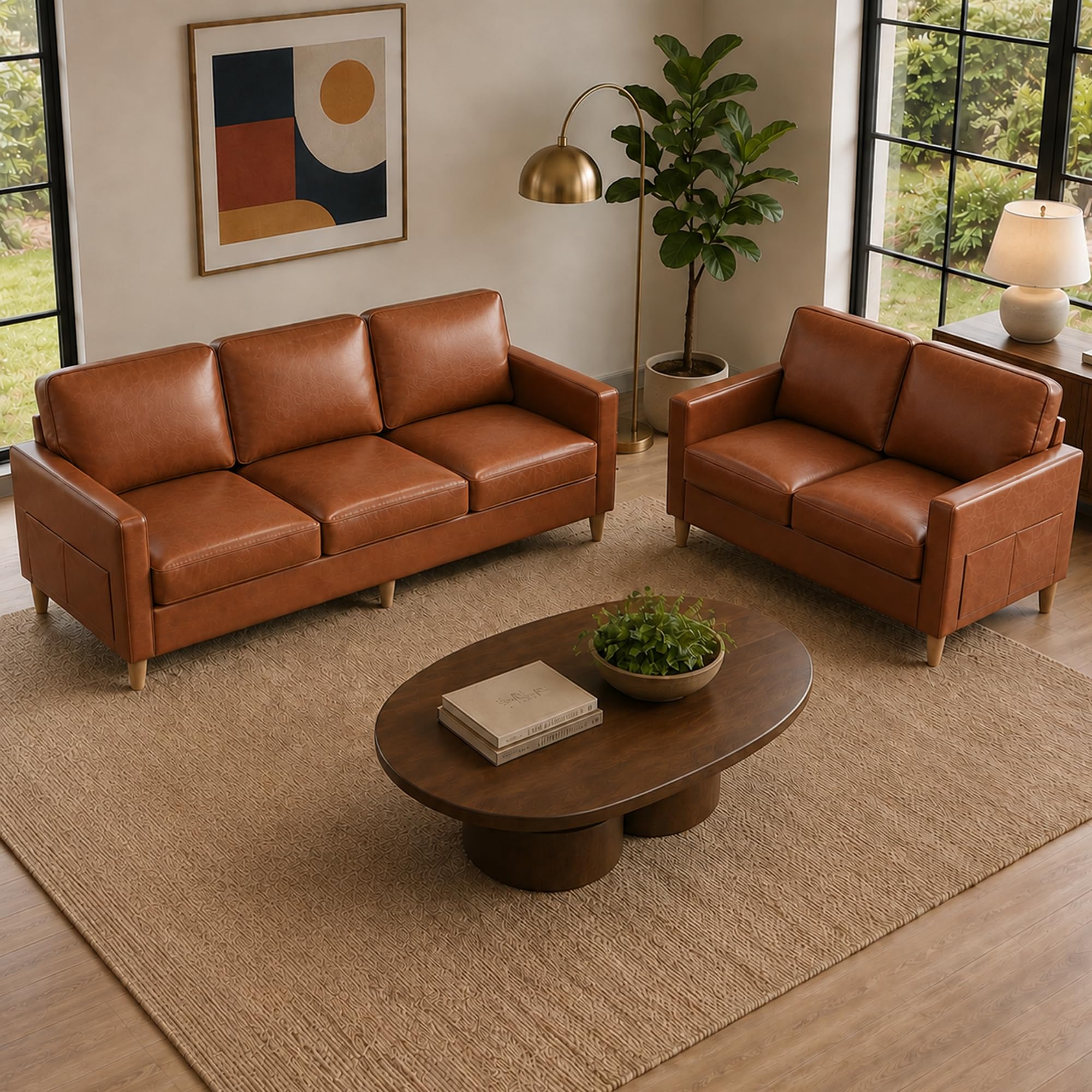 Kingfun Couch Set for Living Room, 3 Seater Faux Leather Sofa and Loveseat