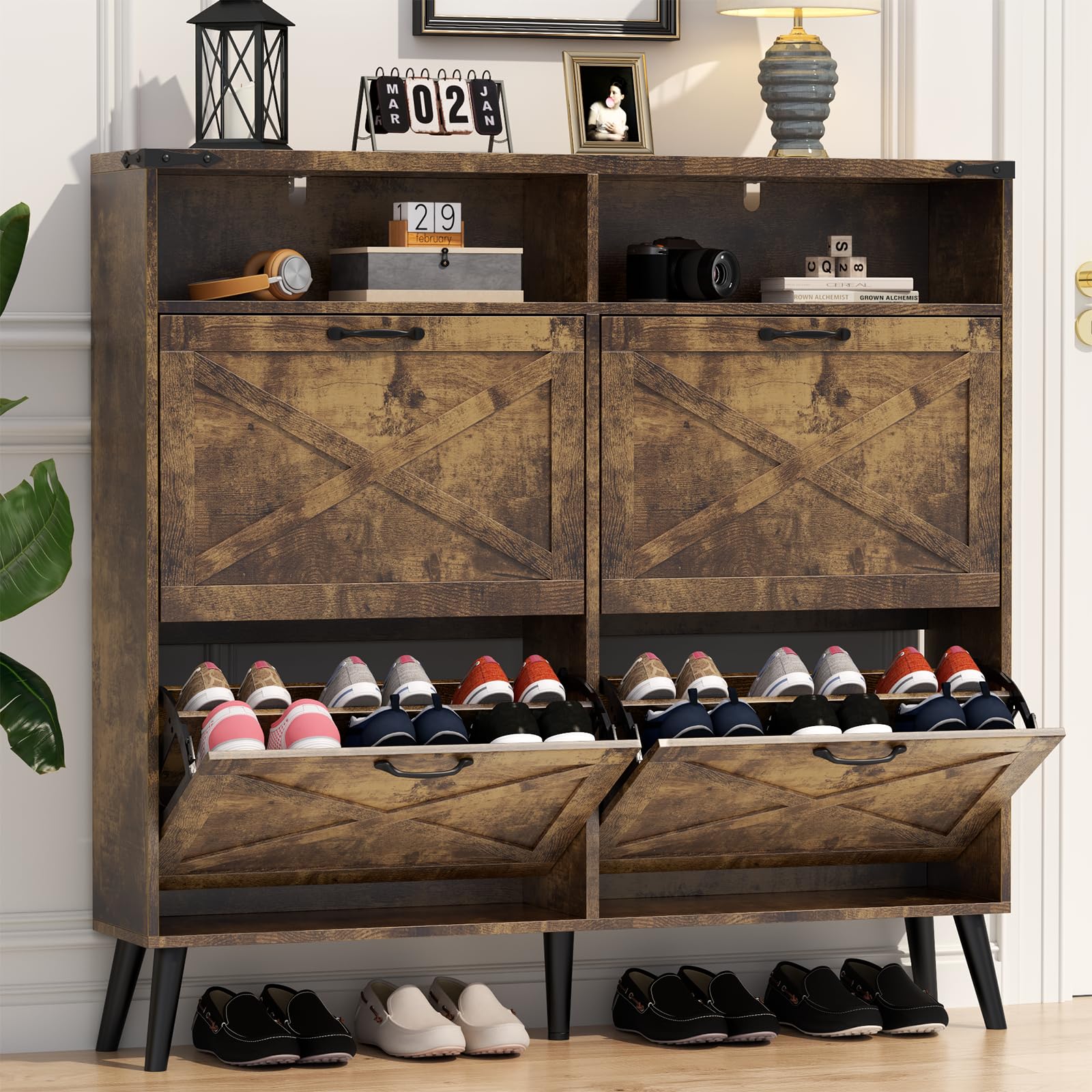 Loomie Shoe Cabinet with 4 Flip Drawers, Farmhouse Shoe Storage Cabinet with 2 Open Cubbies, Freestanding Narrow Hidden Shoe Rack Organizer with Solid