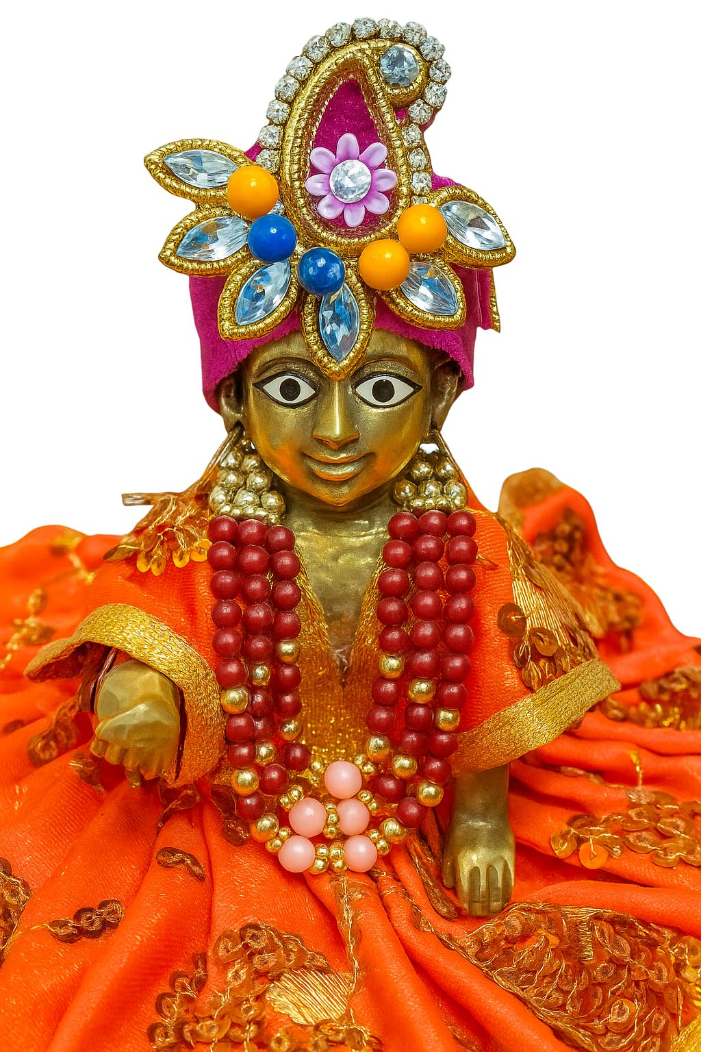 Ladoo Gopal Designer Pagdi & Shringar Set - Pom-Pom Mukut With Necklace, Bansuri & More (Pack Of 6, Orange/Green)