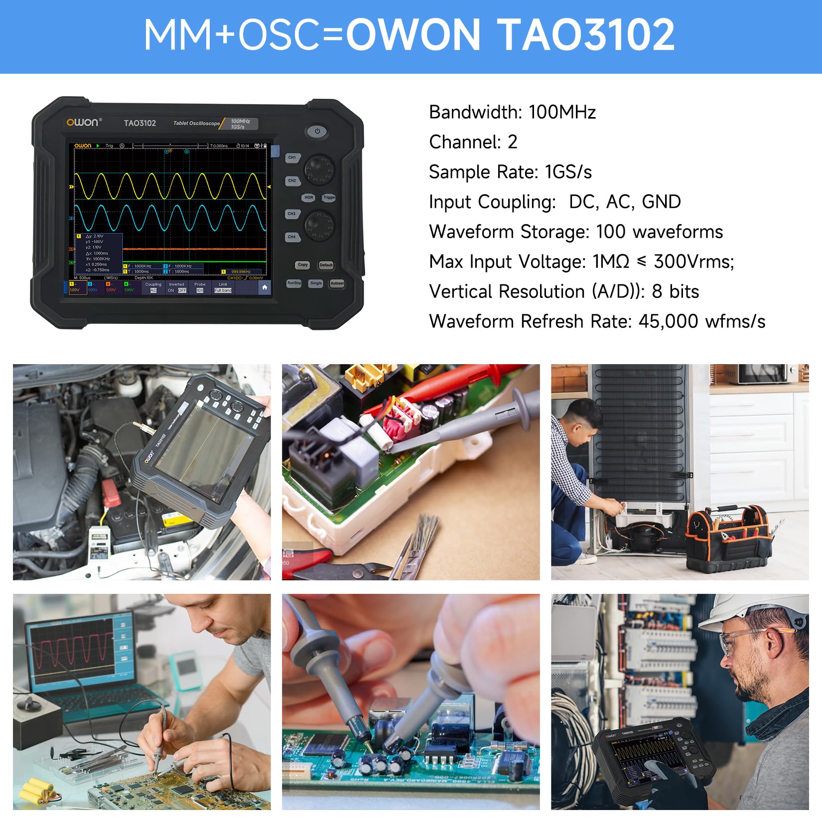 OWON Oscilloscopio Digitale TAO3102, Oscilloscopio a 2 Canali, Larghezza di Banda 100 MHz e Frequenza di Campionamento 1 GS/s, Velocità di Aggiornamento della Forma D'onda 45.000 wfms/s