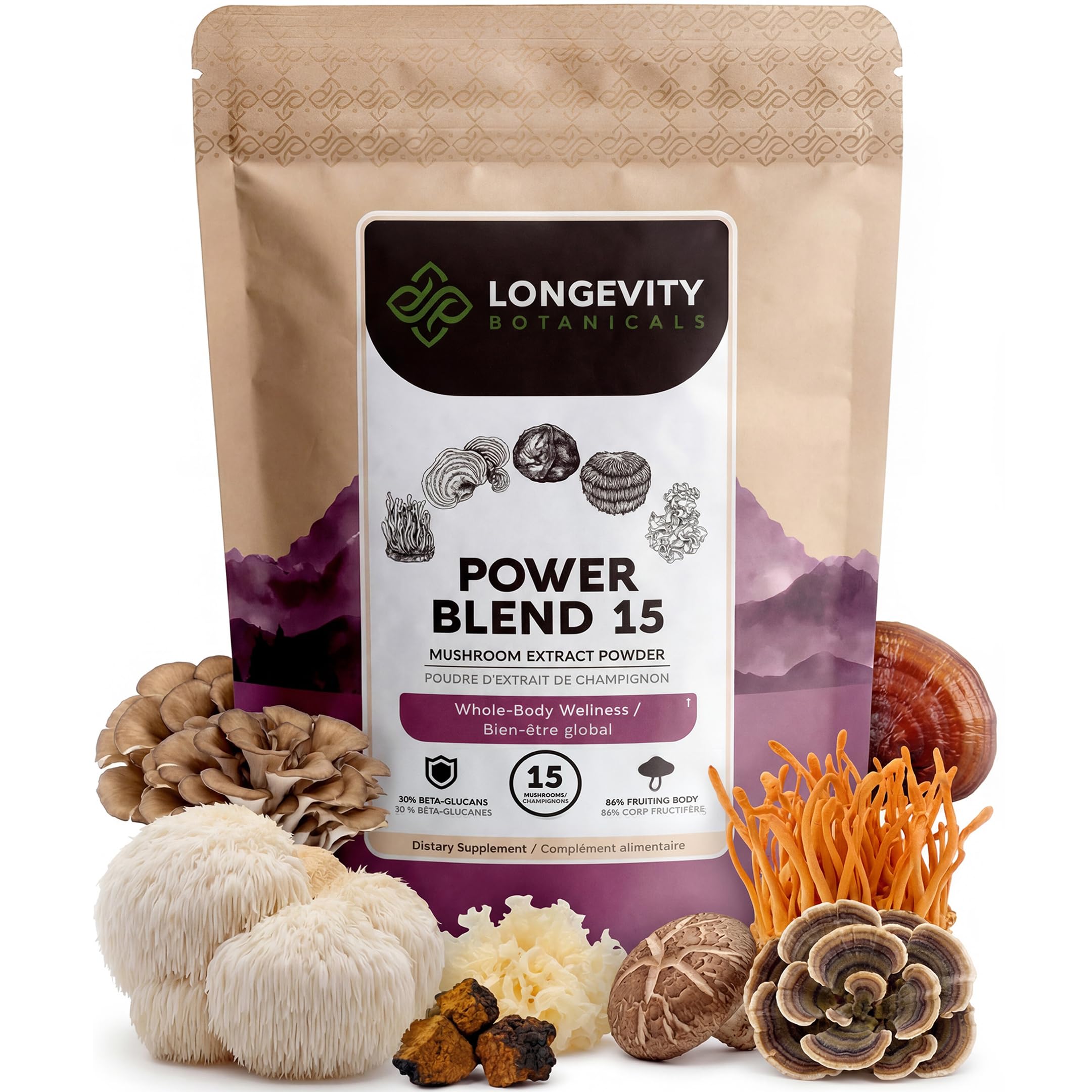 Longevity Botanicals 15 Mushroom Supplement Blend - Mushroom Complex Powder - Promotes a Balanced Immune System, Mental Clarity, Focus, and Relaxation - 100 Grams