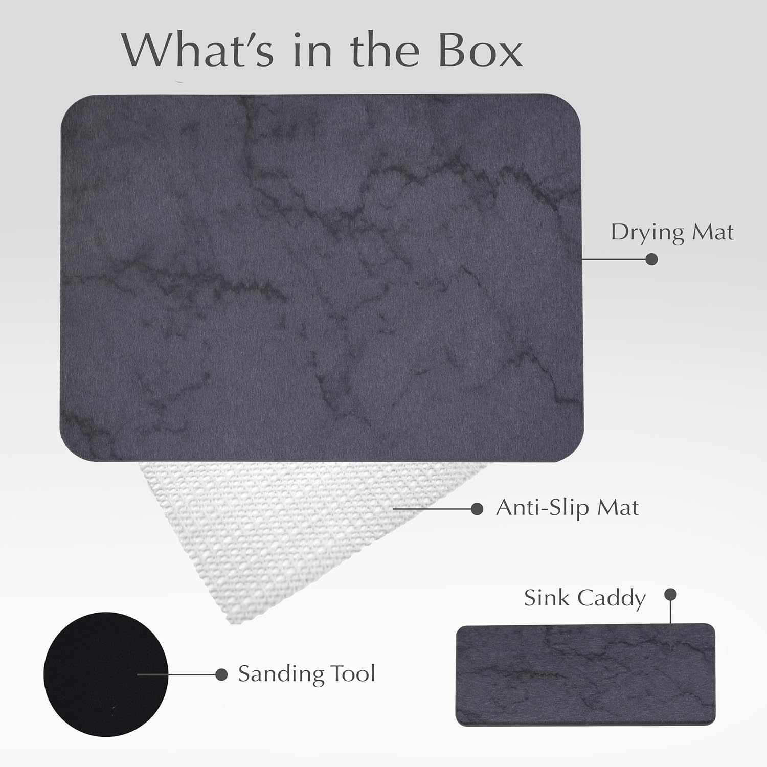 J.B Large Stone Drying Mat for Kitchen Counter - Quick Dry Stone Mat with Sink Caddy, Ultra Absorbent Dish Drying Stone for Kitchen Counter and Bathrooms, 16 x 12 Inch (Dark Gray/Black Marble Finish)