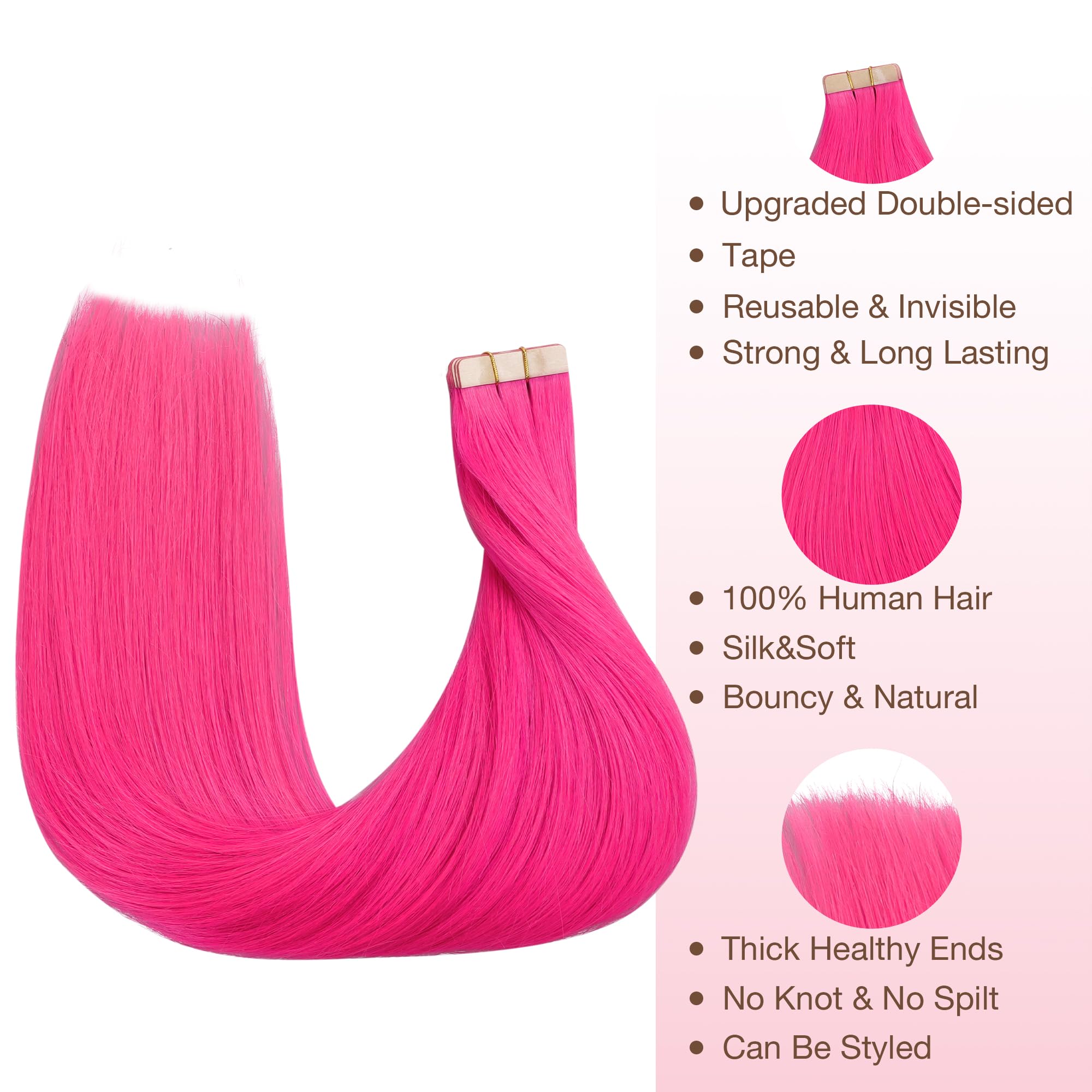 GOO GOO Tape in Hair Extensions Human Hair, Pink 10pcs 25g 16inch, Colored Tape ins Human Hair Extensions - Image 2