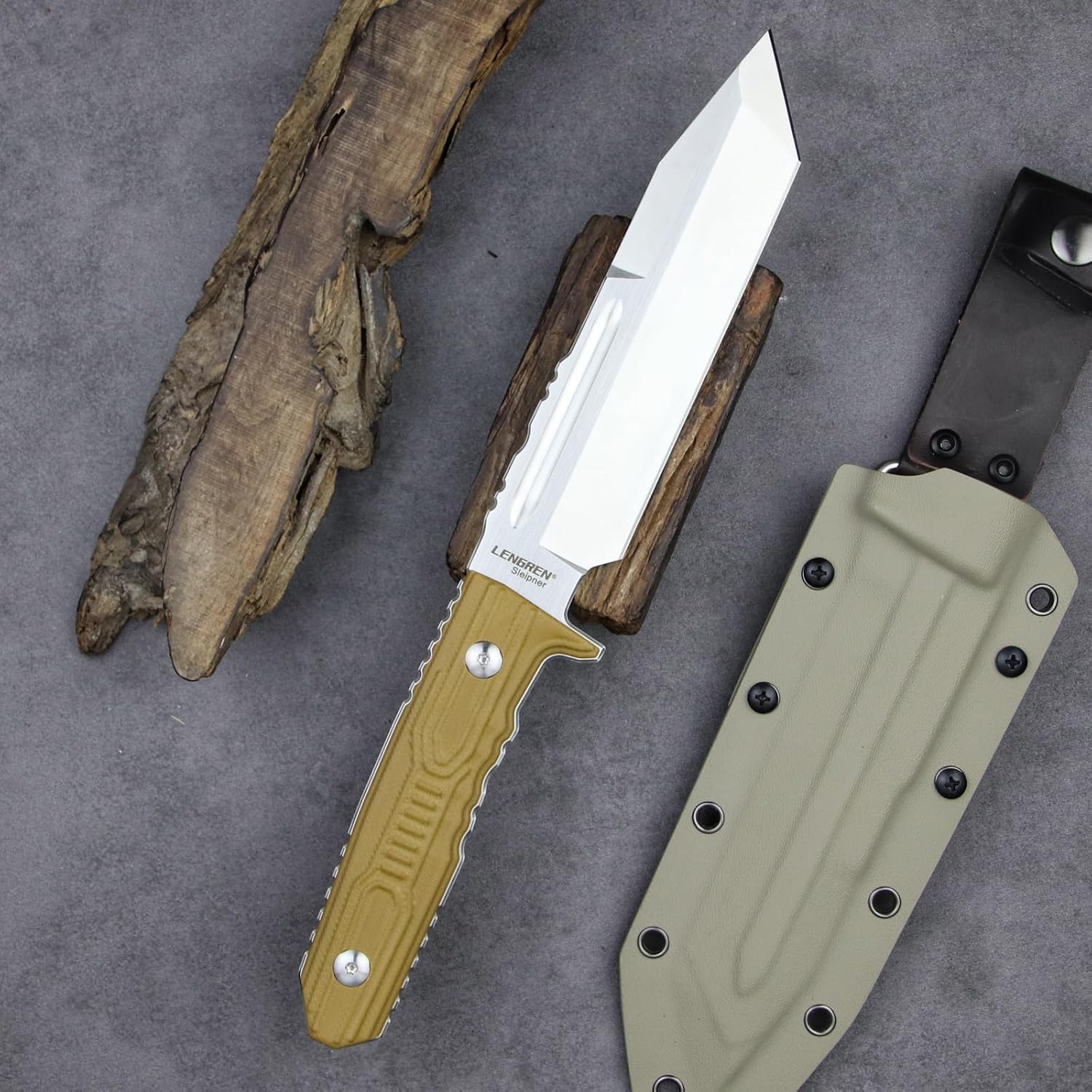 Tactical Fixed Blade Knife, 11.8 inch, Full Tang Tanto Blade with G10 Handle and Kydex Sheath (Khaki handle white blade)