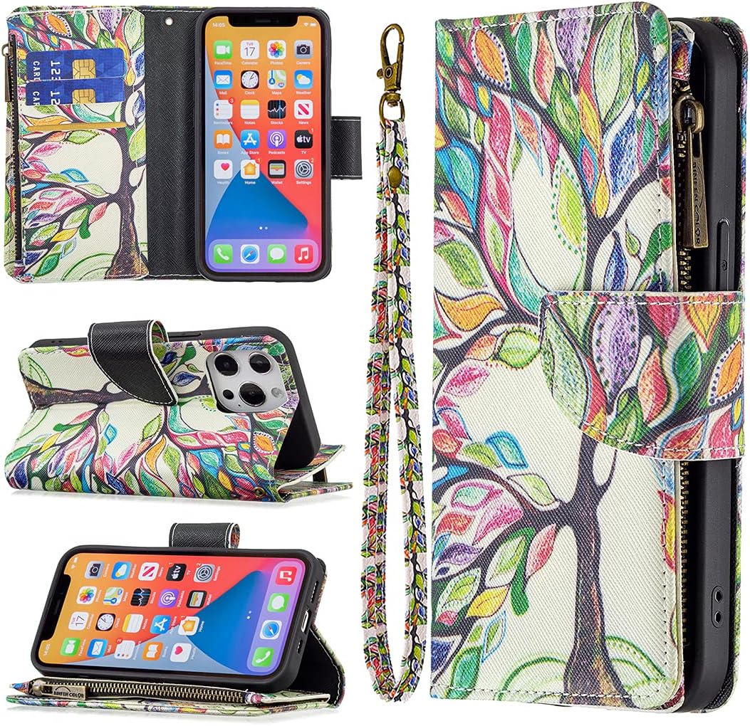 Compatible with iPhone 13 Pro Wallet case, PU Leathe with Magnetic Zipper 9 Card Slots Kickstand Wrist Strap (Colourful, iPhone 13 Pro)