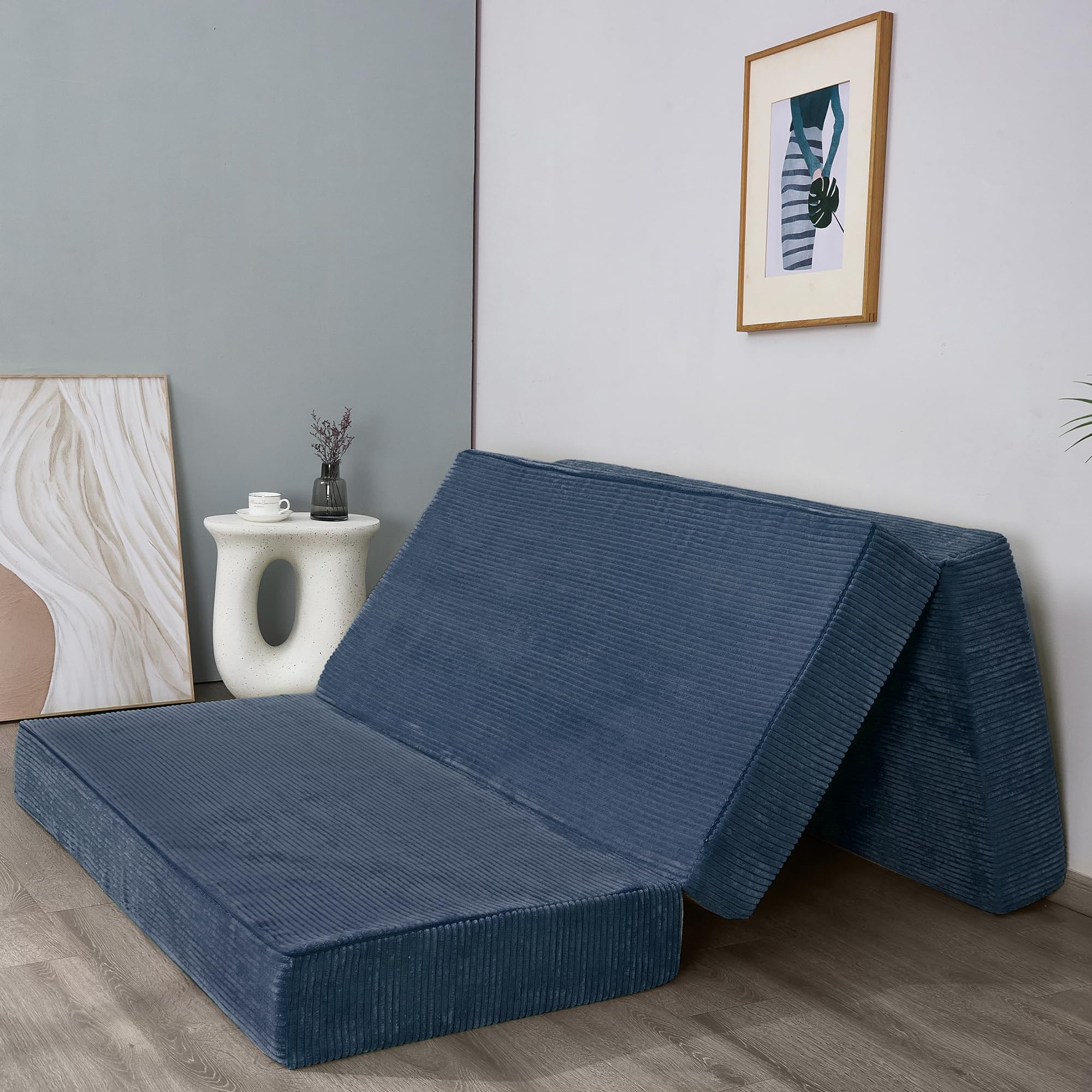 Folding Corduroy Mattress, Tri Fold Floor Mattress 15cm thick with Washable Cover,Foldable in Three,Space-Saving for Guest (Bluestone, Single)