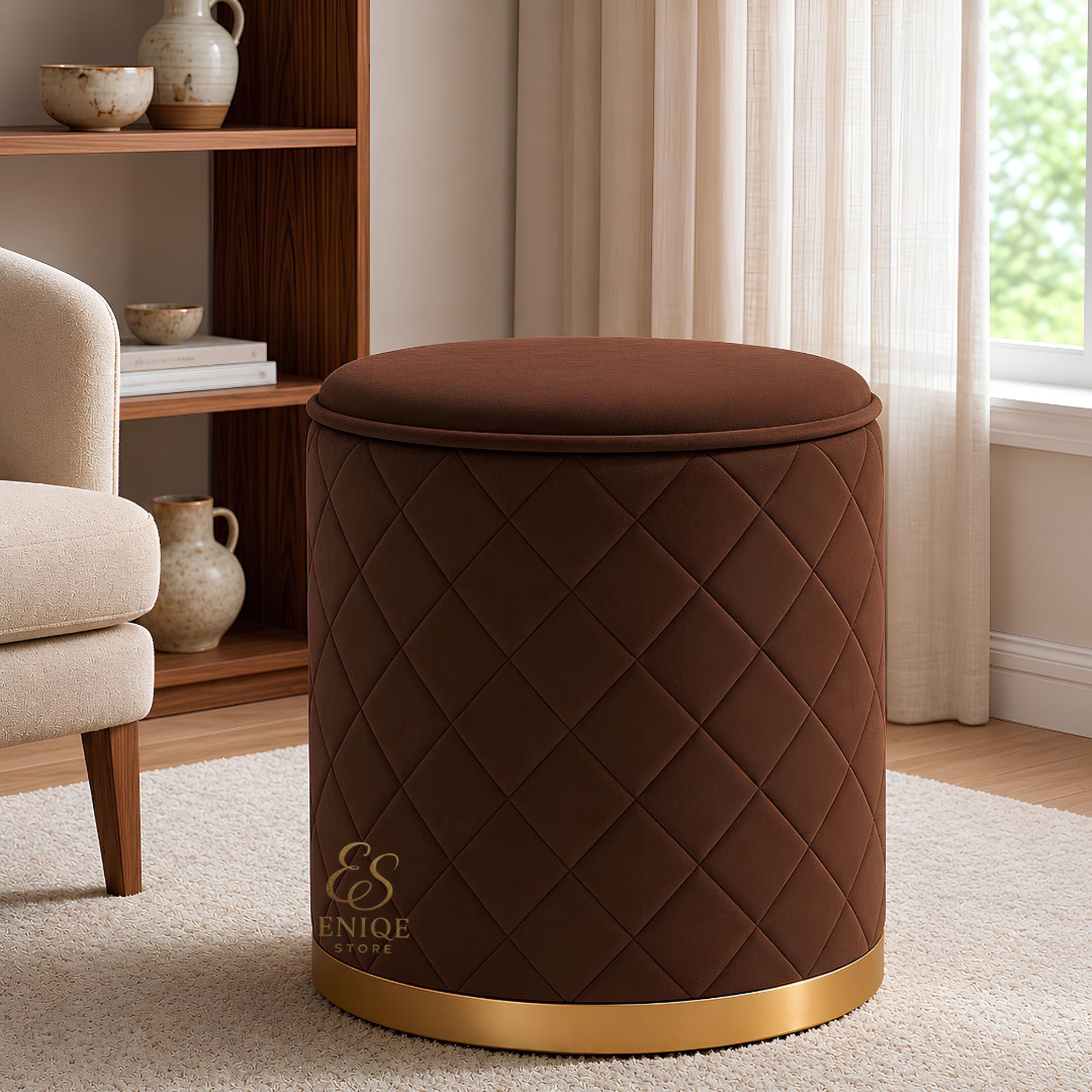 Premium Velvet Ottoman Stool | Round Foot Rest, Makeup & Vanity Seating Pouffe with Gold Base | Quilted Upholstered Footstool for Living Room, Bedroom, Dressing Table & Home Dcor (Brown)-image-24