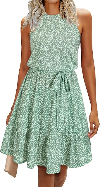 Newshows Women's Summer Halter Neck Dresses Floral Print/Solid Sleeveless Ruffle Party Sundress with Pockets
