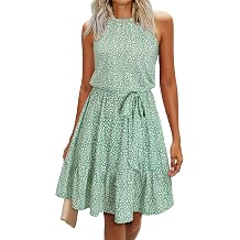 Newsshows Summer Dresses Women's Knee-Length Elegant Dress Floral Pattern Halterneck Ruffle Casual Dresses with Pockets
