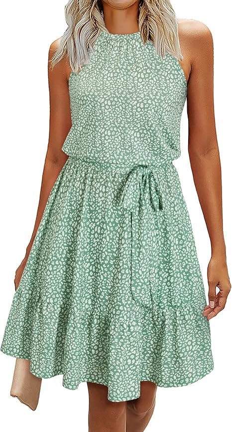 Newshows Women's 2023 Summer Halter Floral Beach Hawaiian Dresses Boho Casual Sleeveless Ruffle Sundress with Pockets