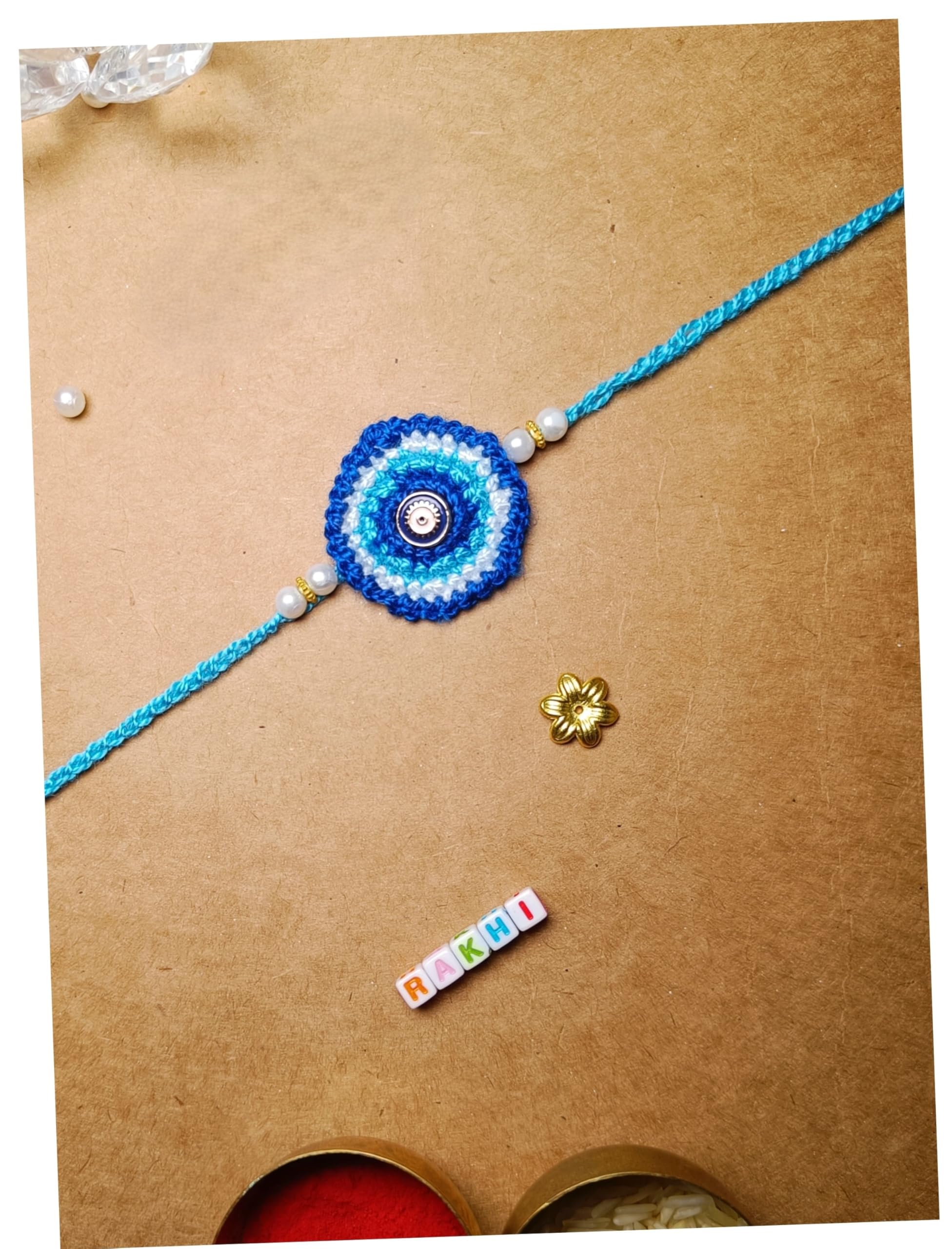 Handmade By Craftsy Bliss Set of 2 Designer Evil Eye Crochet Rakhi Knit With Soft Cotton Thread - Evil Eye Rakhi For Brother - Set of 2 Rakhi (Blue-White) (B0D9PM76CC) Amazon Price History, Amazon Price Tracker