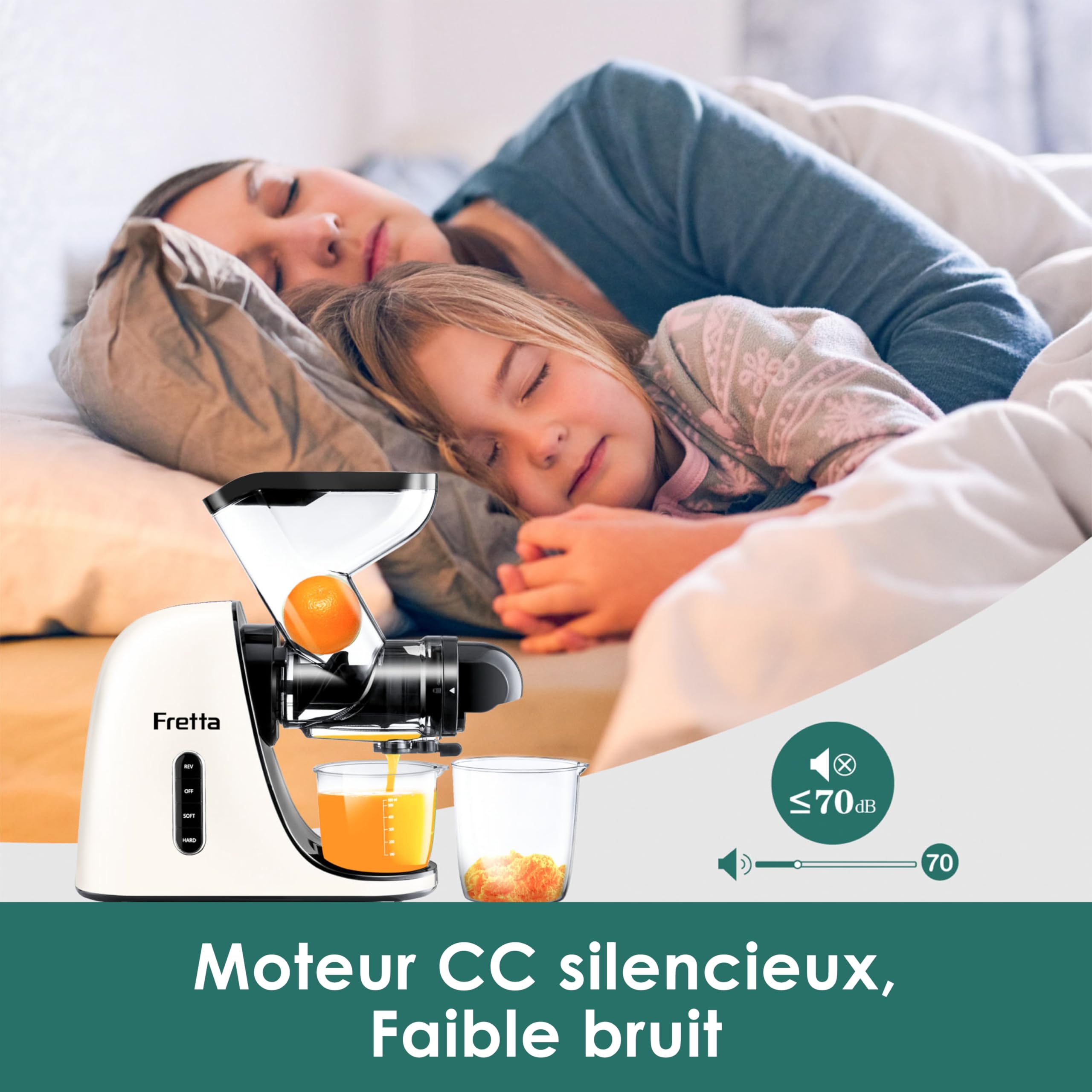 Fretta Extracteur de Jus à Pression à Froid, Goulotte d'alimentation Large de 76 MM, Presse-agrumes à Froid sans BPA, Extracteur de Jus de Fruits et Légumes, Recettes de Jus Incluses (Blanc)