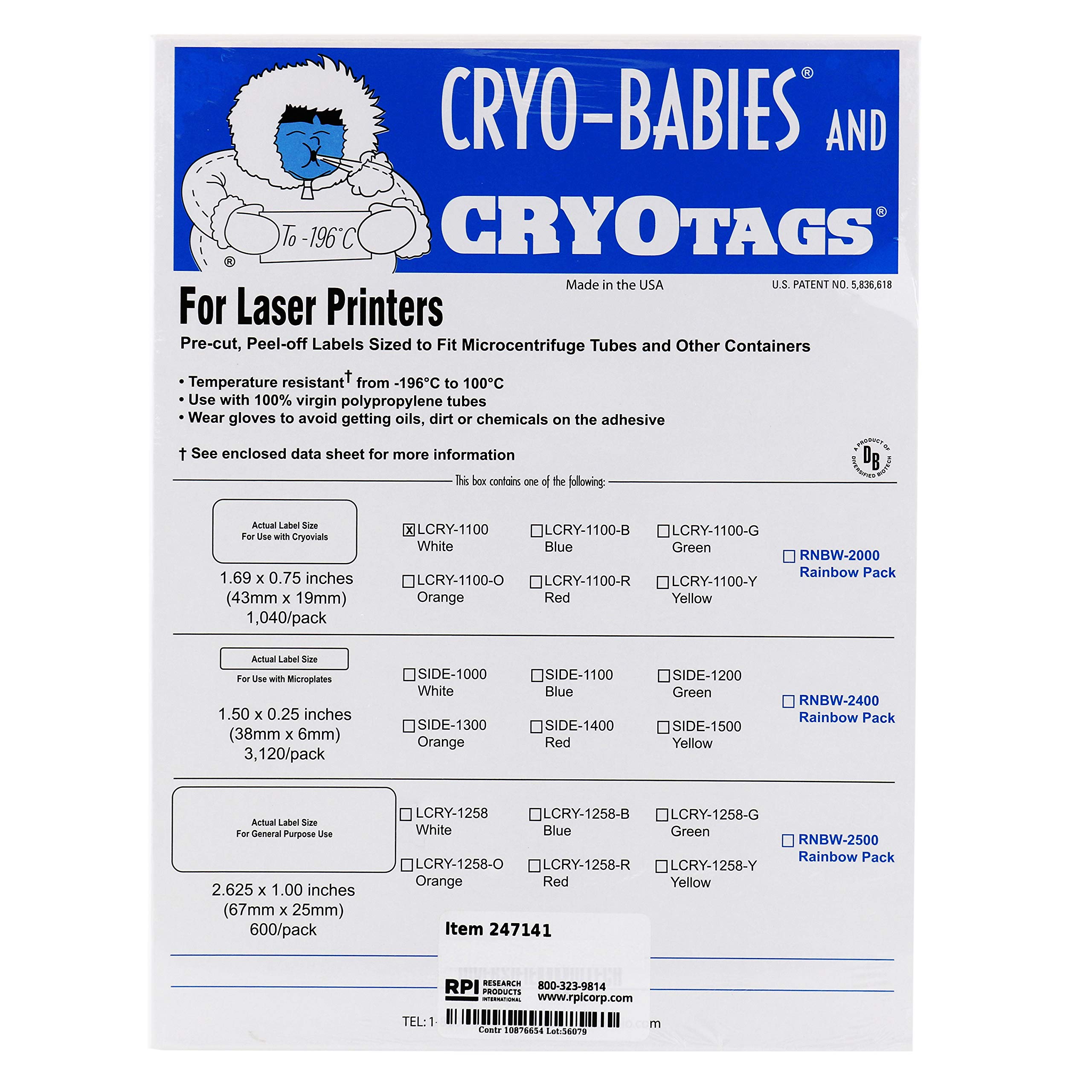 Cryo-Tags Labels, Laser Sheets, 1.69 x 0.75 Inches, White, 1,040 per Package