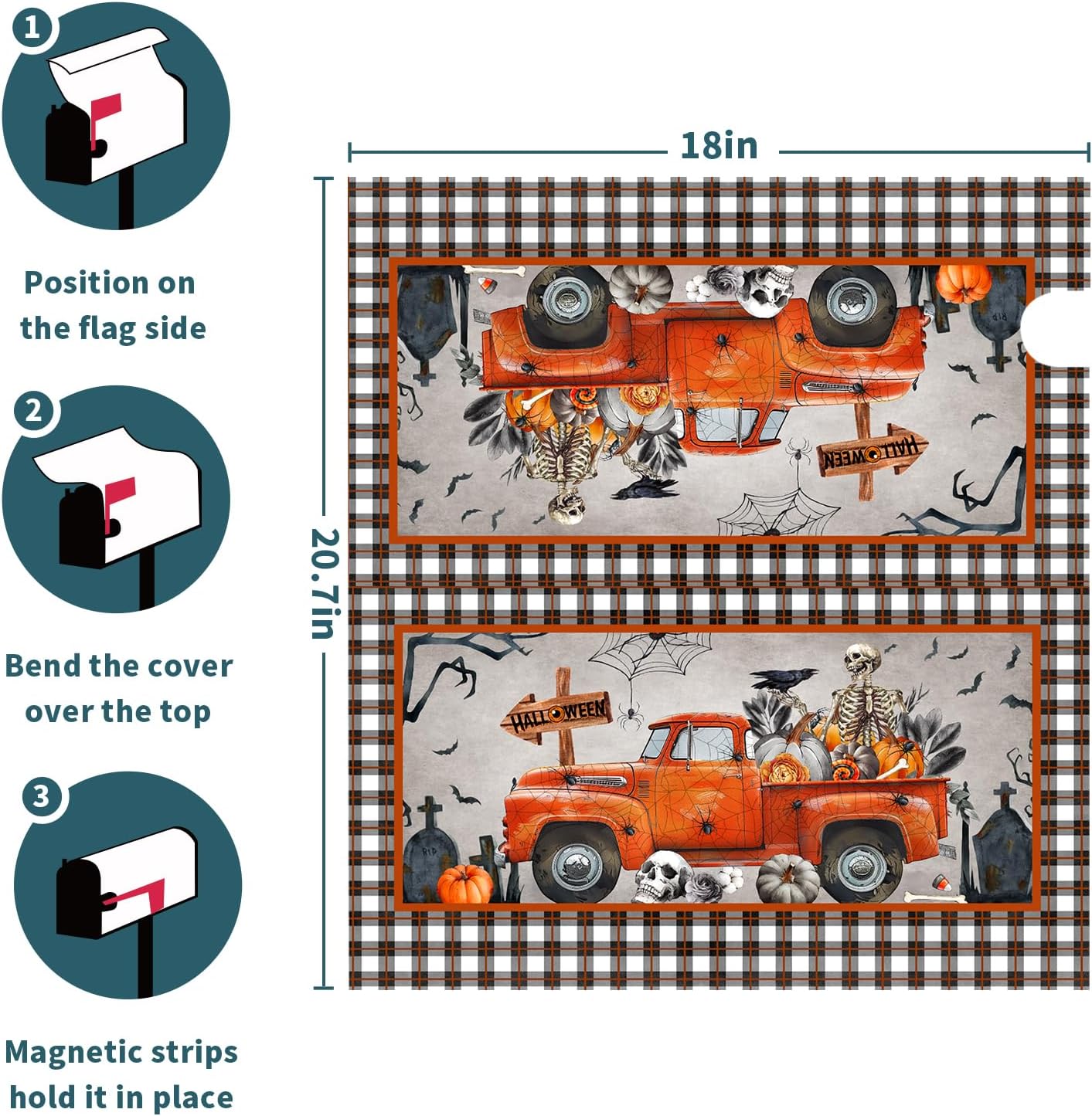 Happy Halloween Spooky Truck Mailbox Cover Magnetic Standard Size 18x21 Inch Halloween Scary Skeletons Decoration Magnetic Mailbox Wraps Holiday Post Letter Box Cover for Garden Yard