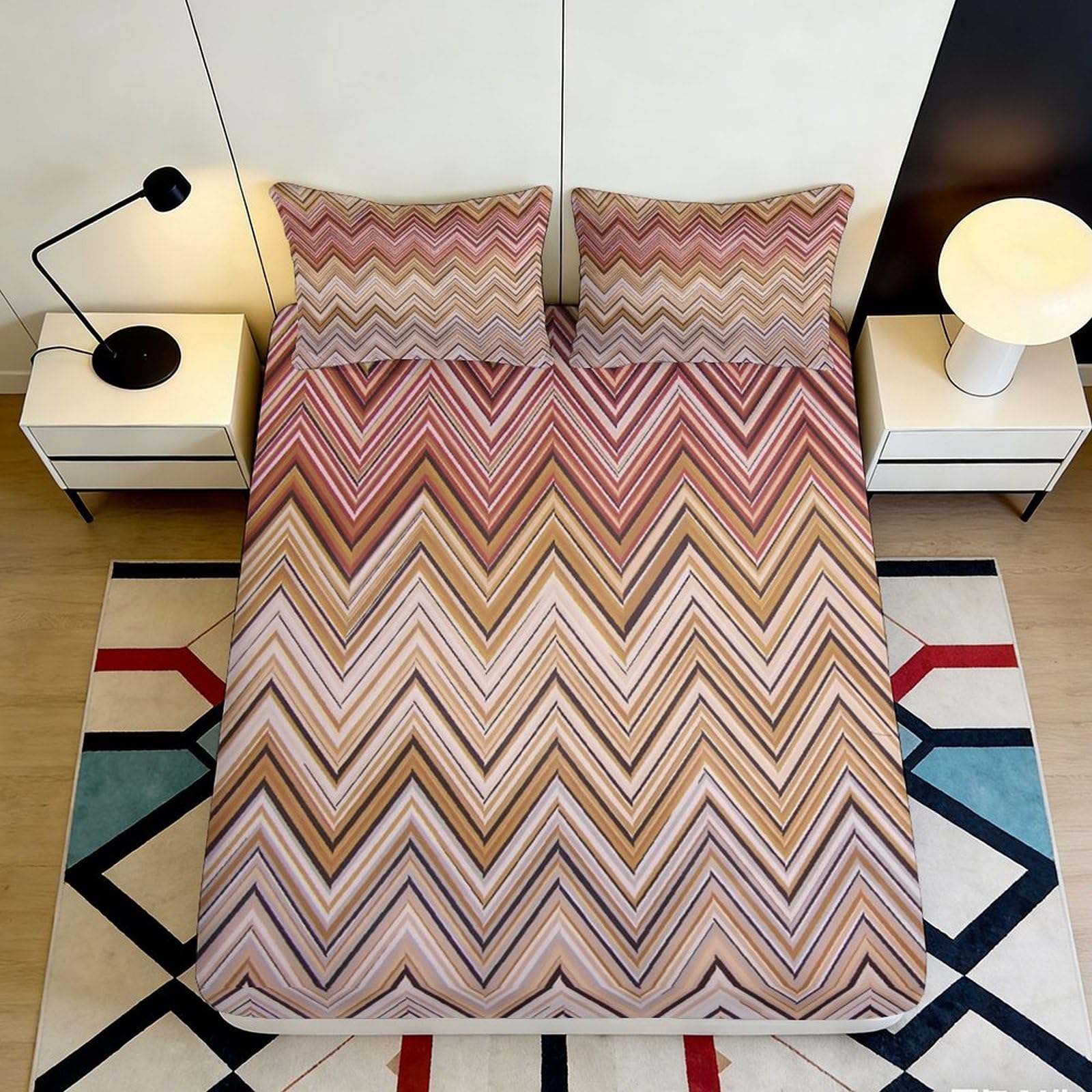 3D Printed Zigzag Chevron Fitted Sheet Microfiber Soft Breathable Boho Geometric Mattress Cover Bedroom Decor 90x200x25cm