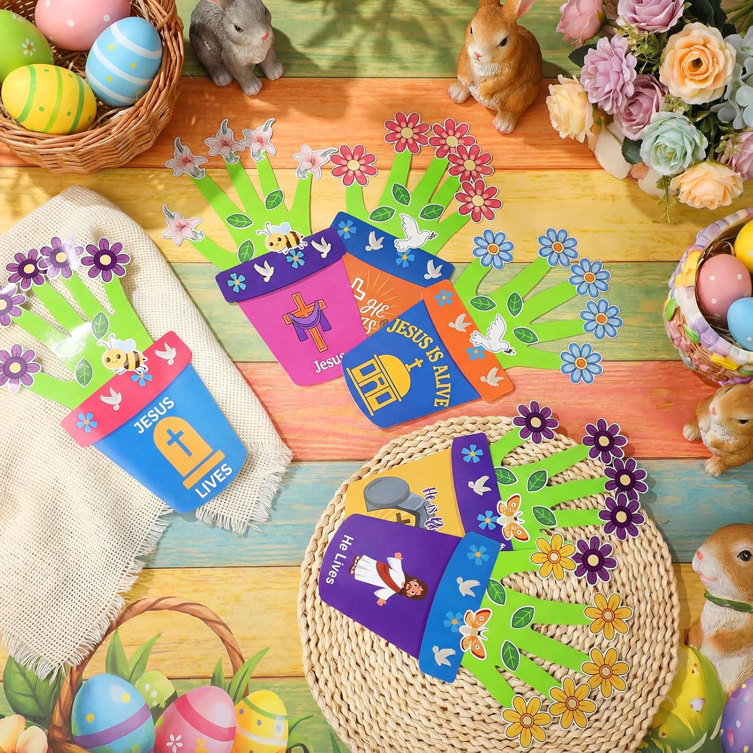 Pasimy 24 Sets Easter Religious Crafts Kit - Jesus He is Risen DIY Cards Stickers Christian Make Your Own Flower Pot DIY Arts for Spring Sunday School Faith Church Activities Party Supplies