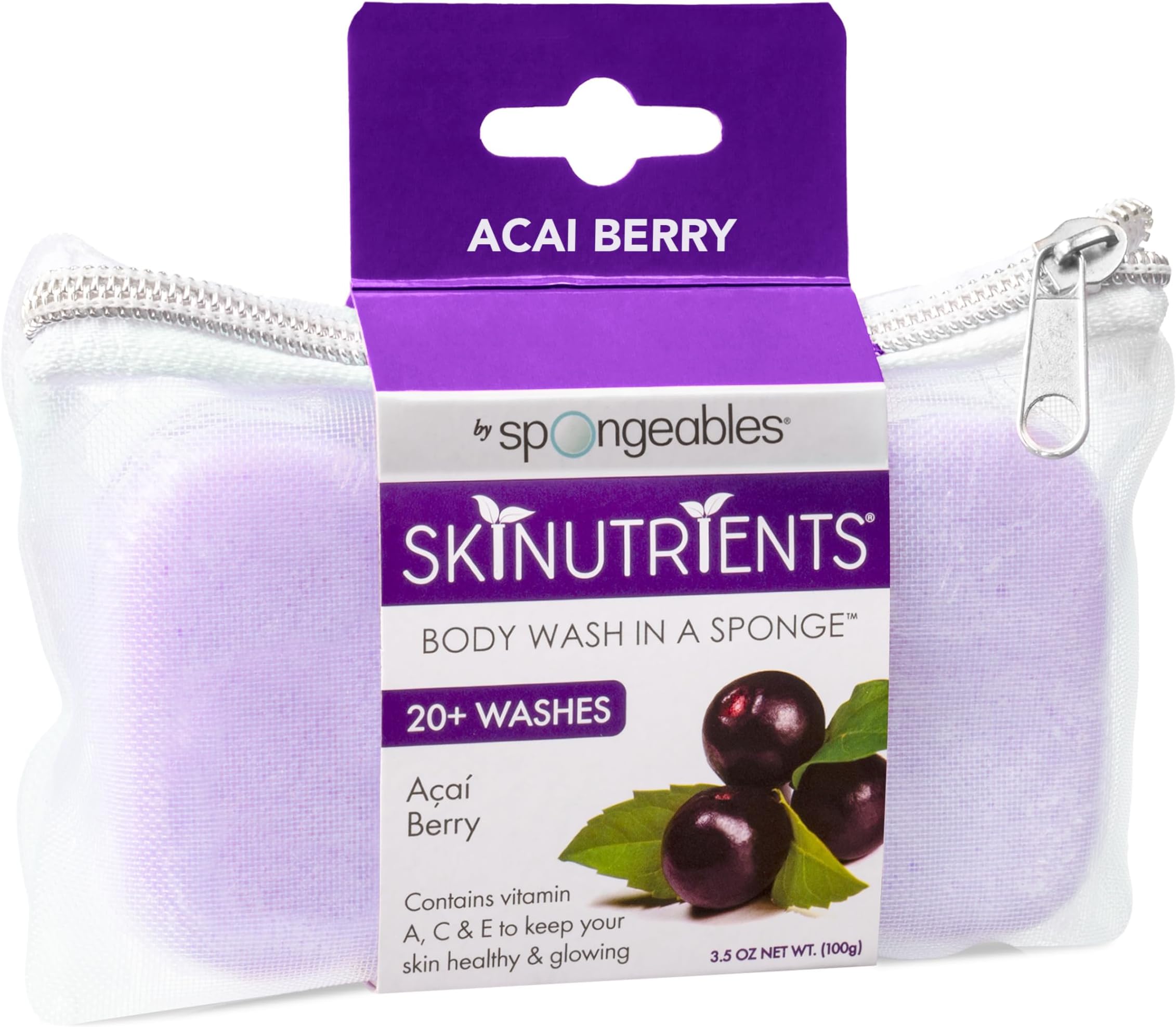 Skinutrients Body Wash in a Sponge, Acai Berry, With Bonus Travel Bag, 20+ Washes, 3.5 oz Sponge