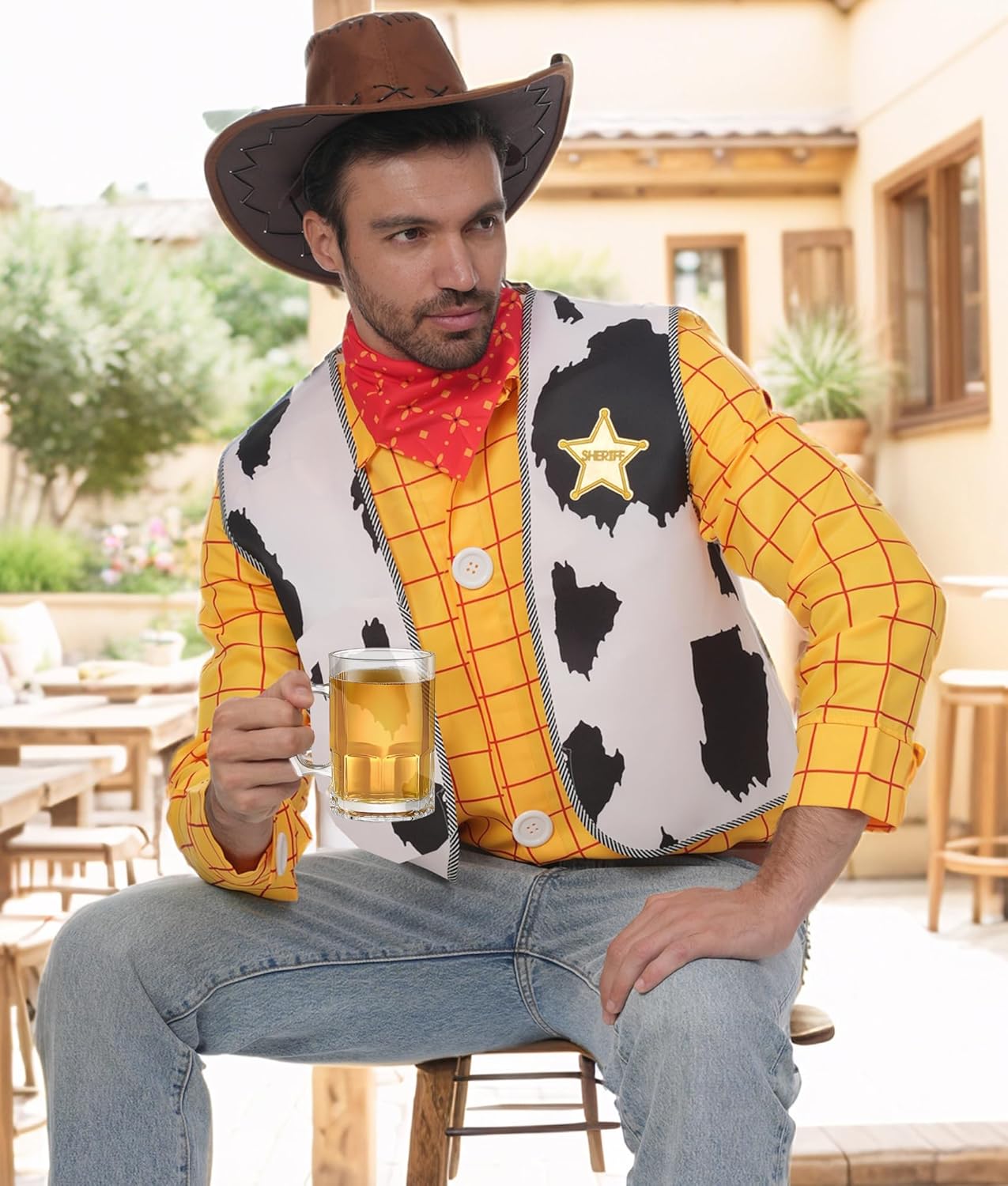 Cowboy Costume Include Tartan Long Sleeve Casual Shirt Button down Vest Red Scarf for Halloween Costume Cosplay