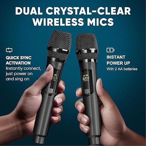 Miniatura 22 de MASINGO Máquina de karaoke para adultos y niños con 2 micrófonos inalámbricos Bluetooth. Sistema de altavoces PA portátil para cantar con luces