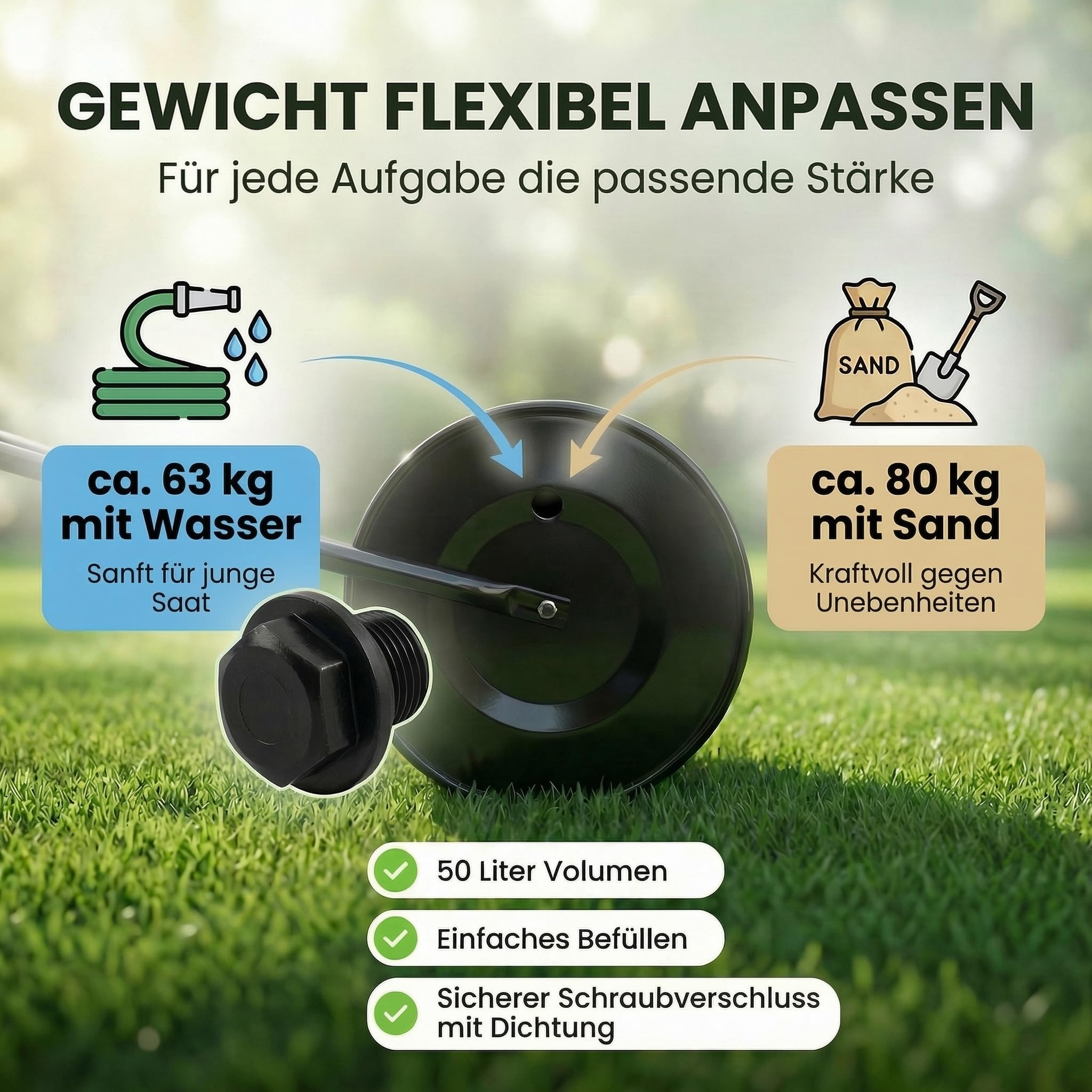 TIREX by xonic® Rasenwalze, Gartenwalze aus Metall, Befüllbar bis 50L, Handwalze für Garten und Rasen (Grün)