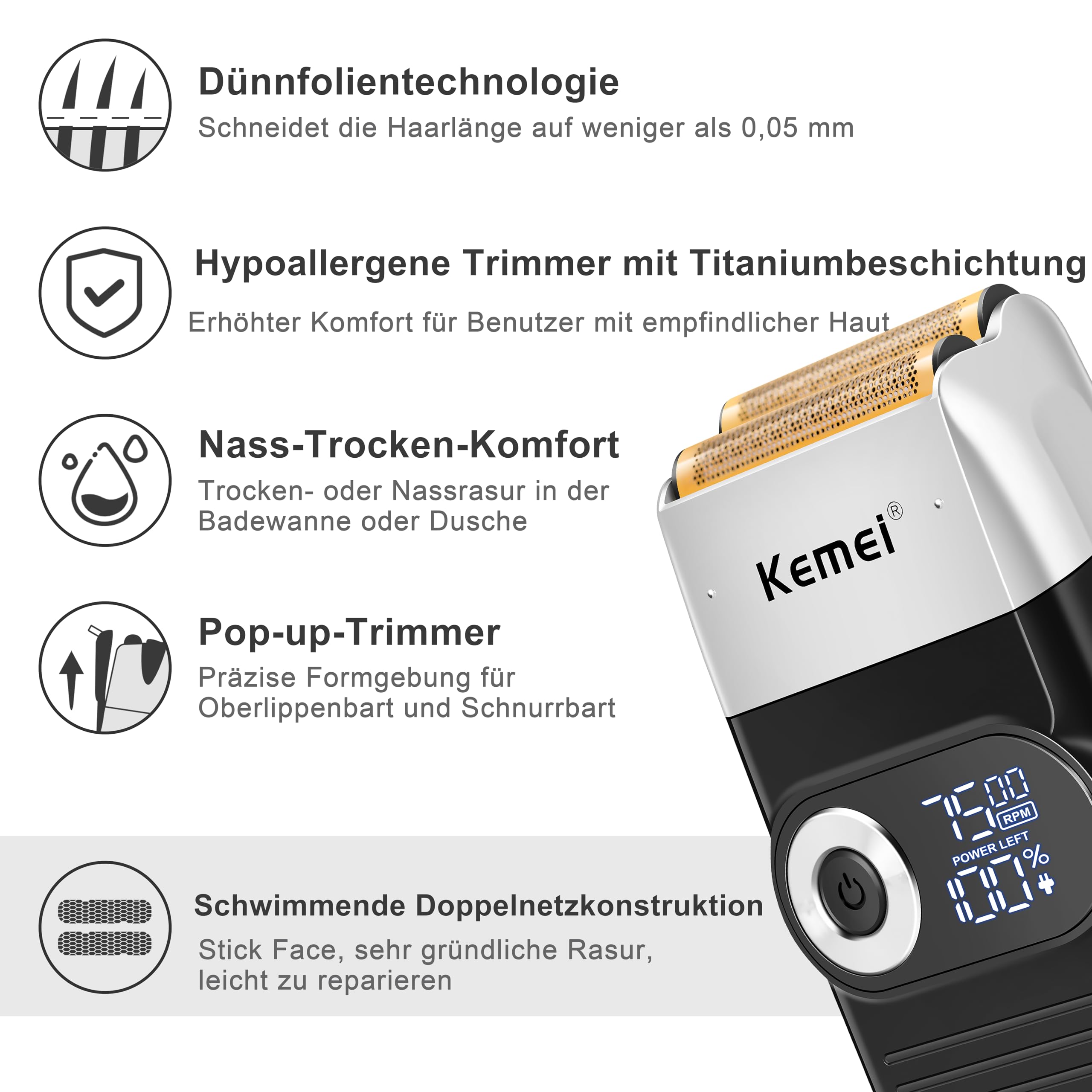 KEMEI Folienrasierer Herren, Rasierer Herren Elektrisch mit Kahlrasur Schnurlose Elektrorasierer mit LED-Anzeige Geschenke zum Vatertag