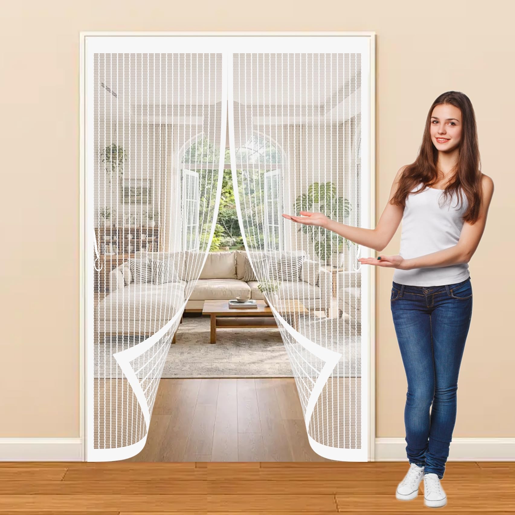 Magnetic Door Curtains Fly Screen 71 x 218 cm with Powerful Magnets & Full Frame Magic Tape, Keep Bugs Out & Lets Fresh Air in Magnetic Fly Screen Doors for Patio Doors Bedroom, White