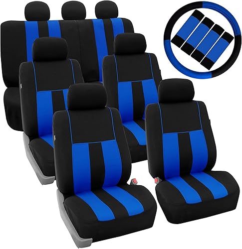 FH Group Juego de fundas de asiento de automóvil de tres filas llamativas a rayas para volante y almohadillas para cinturón de seguridad, color FH Group Juego de fundas de asiento de automóvil de tres filas llamativas a rayas para volante y almohadillas para cinturón de seguridad, color