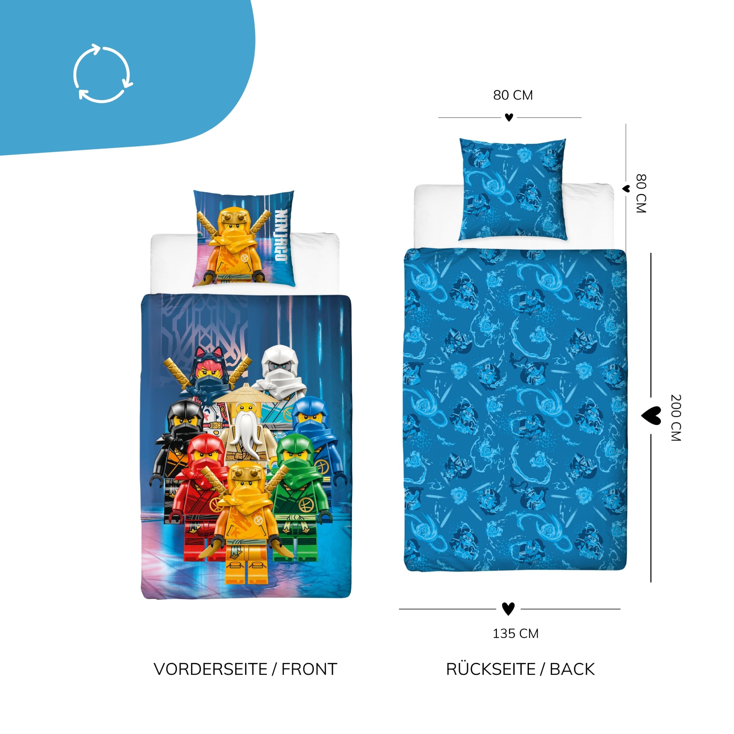Lego Ninjago - Juego de Cama Infantil de 135 x 200 cm, 1 Funda de Almohada de 80 x 80 cm y Funda nórdica de 135 x 200 cm con Cremallera, Reversible, diseño de abanicos