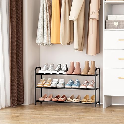 Miniatura 8 de Zapatero expandible de 3 niveles de 18 a 32 pulgadas de ancho ajustable para 12 a 16 pares con marco de metal, organizador de zapatos para entrada,