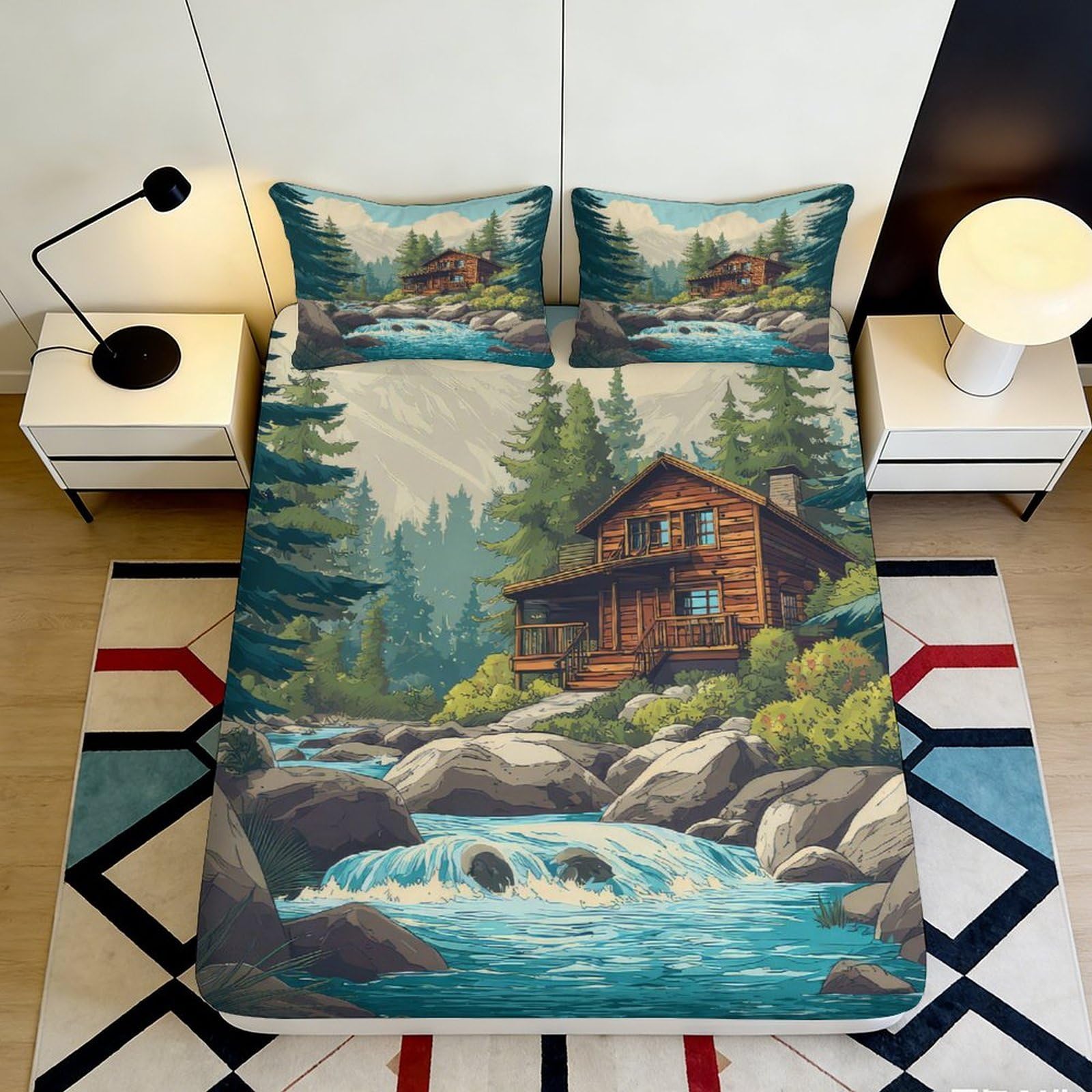 Jqzkxnhpbr Style-5 3D Printed Mountain Cabin Fitted Sheet Microfiber River Landscape Bed Cover For Bedroom Dorm Easy Care Decor 90X200x25cm