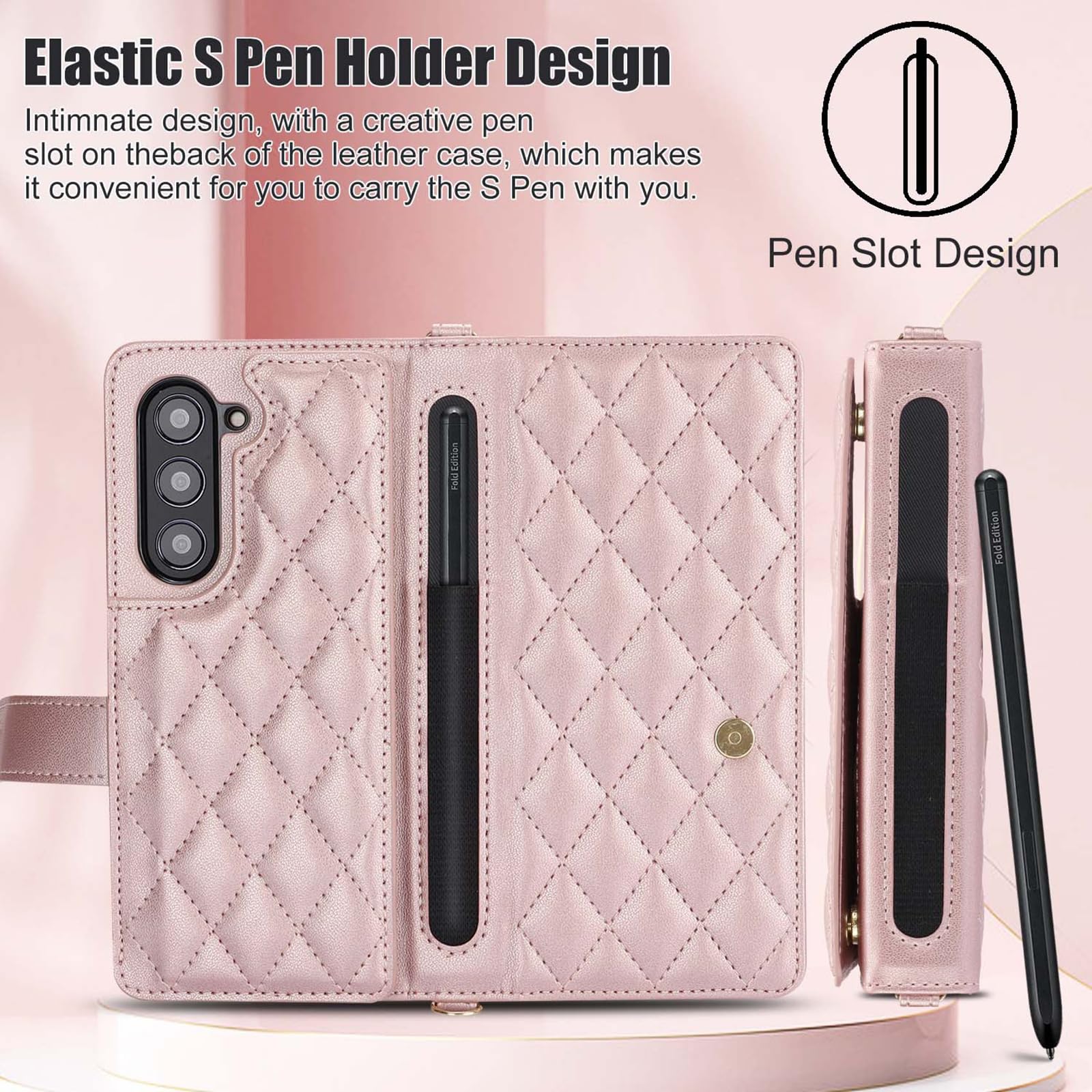 Skórzane etui do Samsunga Galaxy Z Fold 6, dwustronne etui z klapką, wielofunkcyjny modny portfel Etui na telefon komórkowy z 6 miejscami na karty i uchwytem na długopis S-Pen, różowy