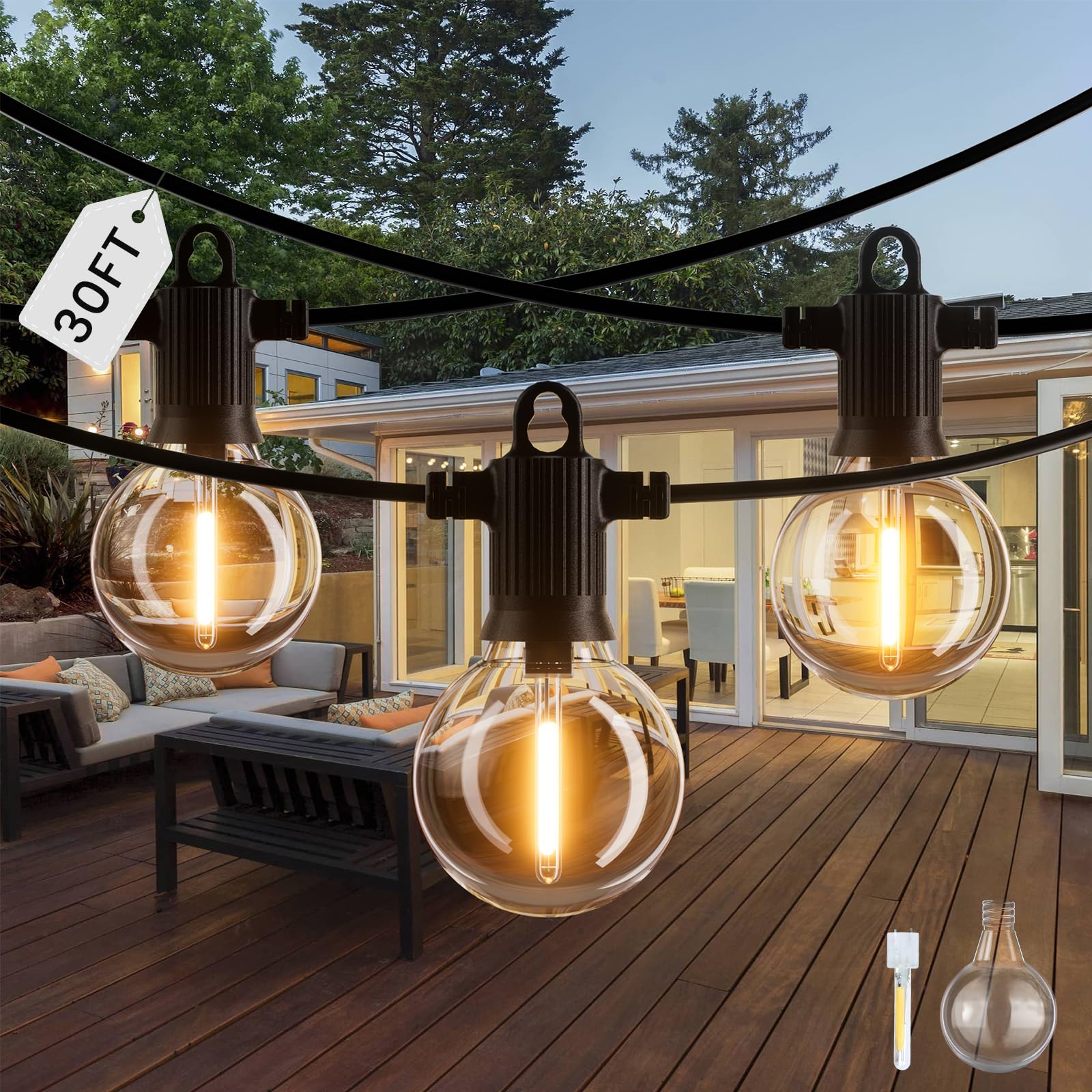 ZOTOYI IP65 Garden String Festoon Lights, 30FT/9M Festoon Lights with 10+1 G40 Globe Shatterproof LED Plastic Bulbs