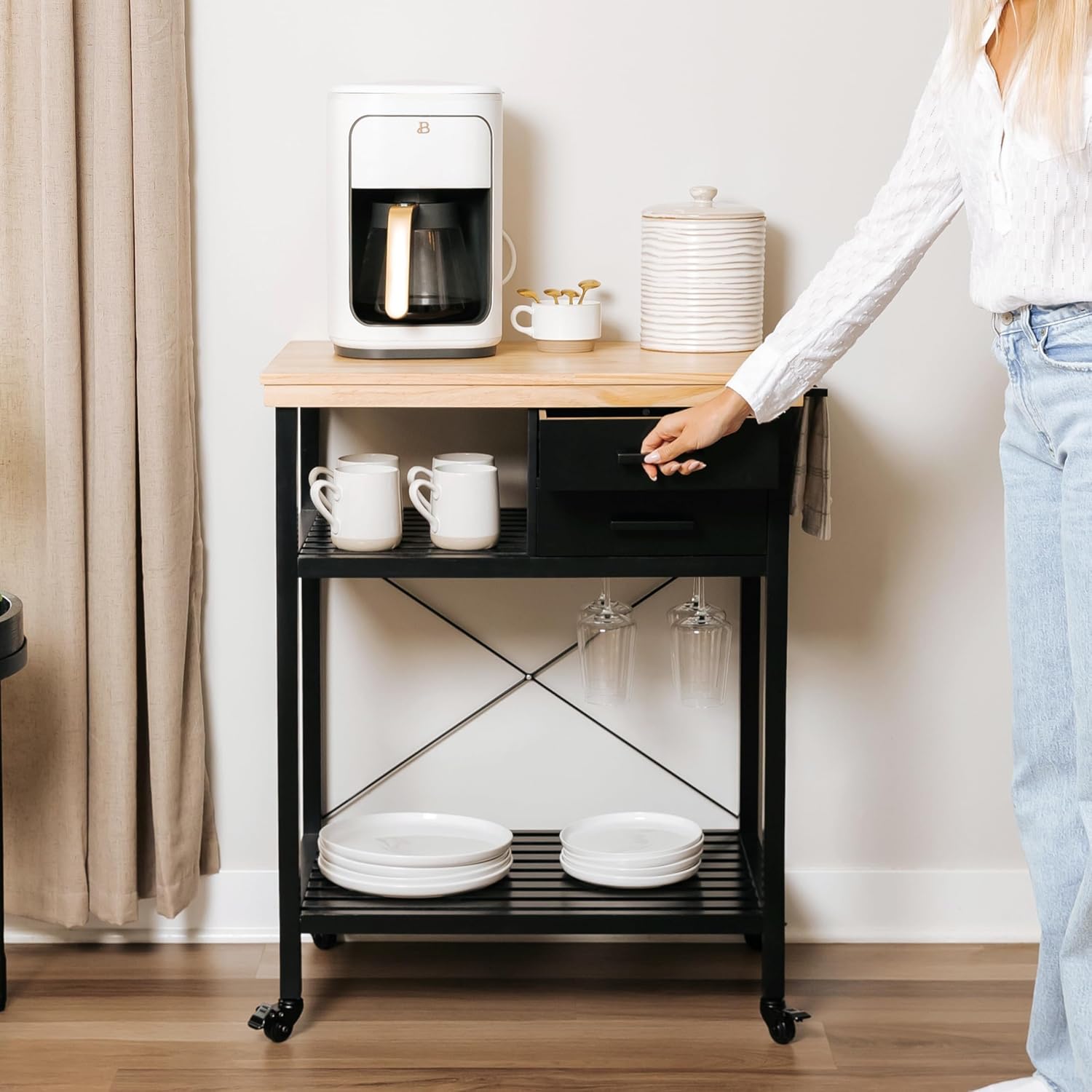 Kitchen Island Cart with Storage – Solid Wood Rolling Coffee Cart with Pine Top, 2 Drawers, Shelves & Wine Rack – Mobile Kitchen Island with Black Base