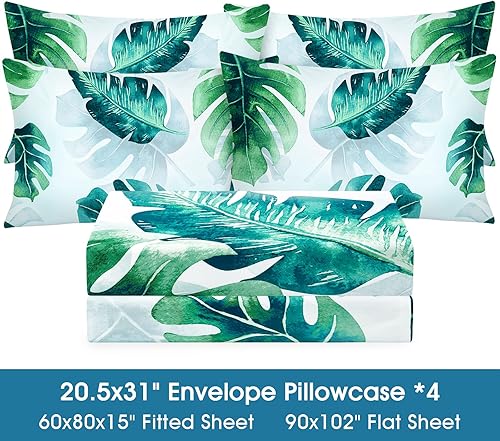 Miniatura 3 de BYSURE Juego de sábanas Queen de 6 piezas (verde Monstera Deliciosa), sábanas con patrón botánico de núcleo de cabaña, decoración de ropa de cama de