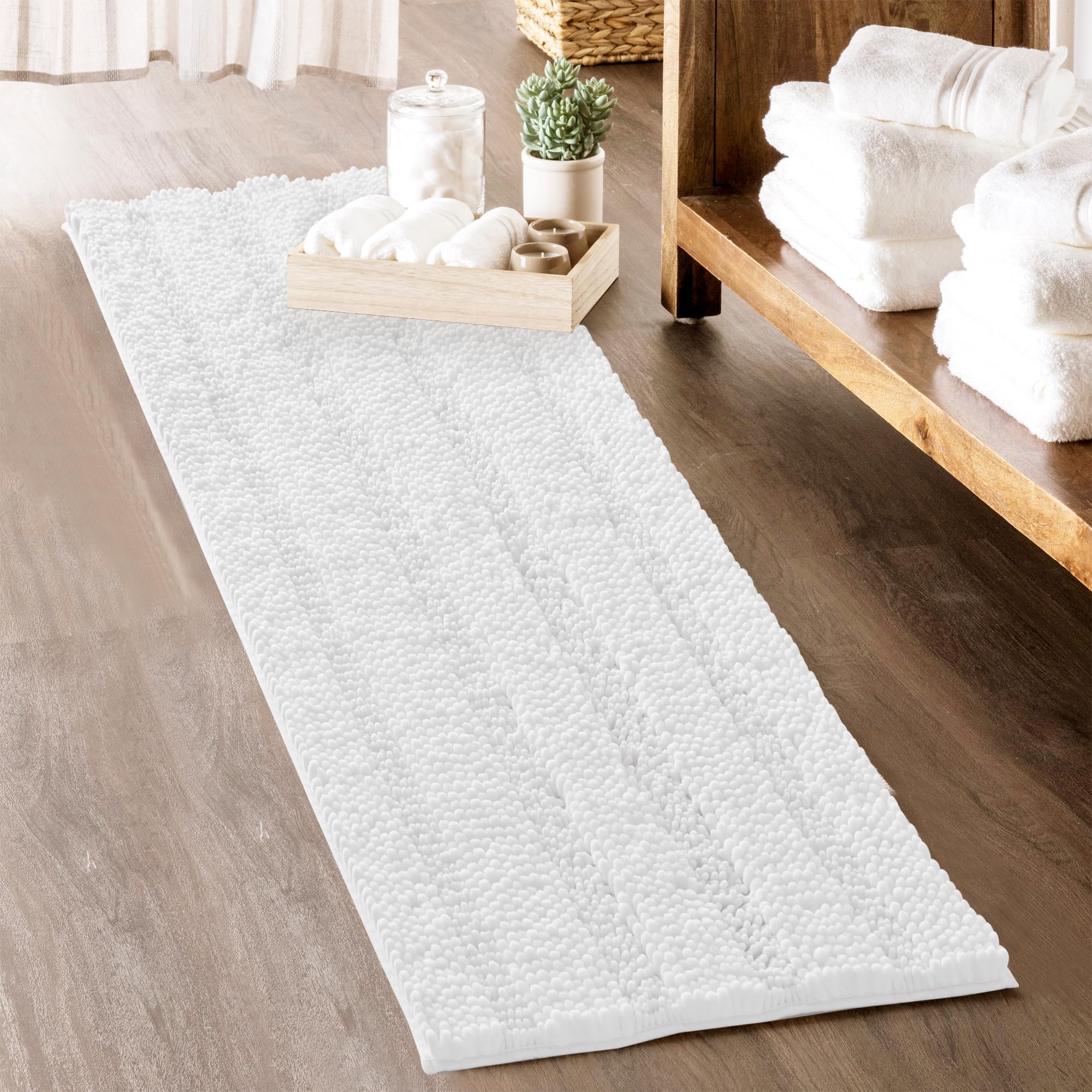 Bathroom Rugs - Super Soft Bath Mat Non-Slip Plush Carpet Runner for Tub Washable Absorbent Microfiber Chenille Floor Carpet for Door Way Tub Kitchen Decorations, Pure White, 60" x 24", 1 Piece