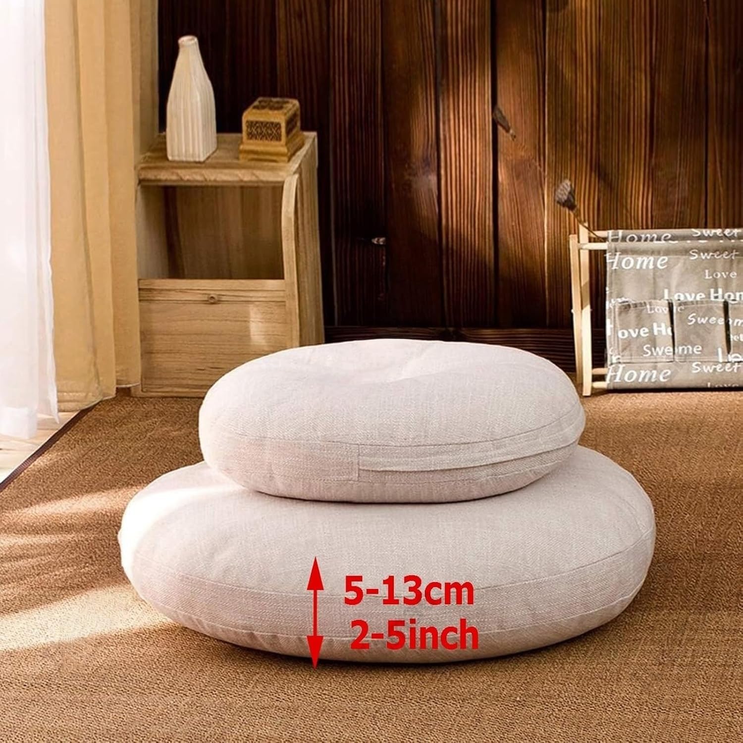 Hellviolettes rundes japanisches Kissen, abnehmbares dickes Leinen, Baumwolle, Sitzkissen, minimalistisches Yoga-Kissen für Fenster, Erkerung, Balkon, Zen-Zimmer, 45 cm
