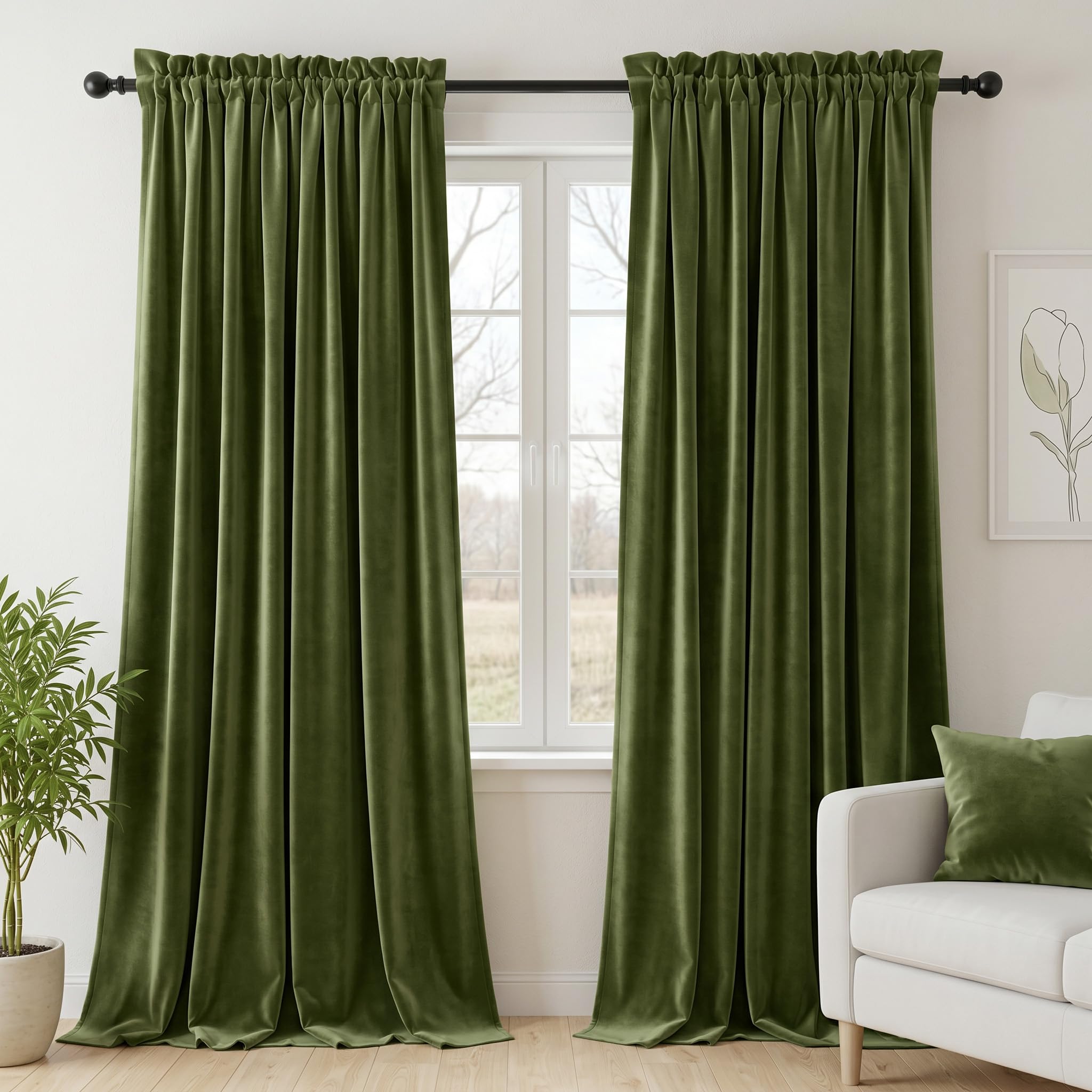 Dchola Olive Green Velvet Curtains for Bedroom Window, Super Soft Vintage Luxury Heavy Drapes, Room Darkening Rod Pocket Curtain for Living Room, W52 by L108 inches, 2 Panels — image 1