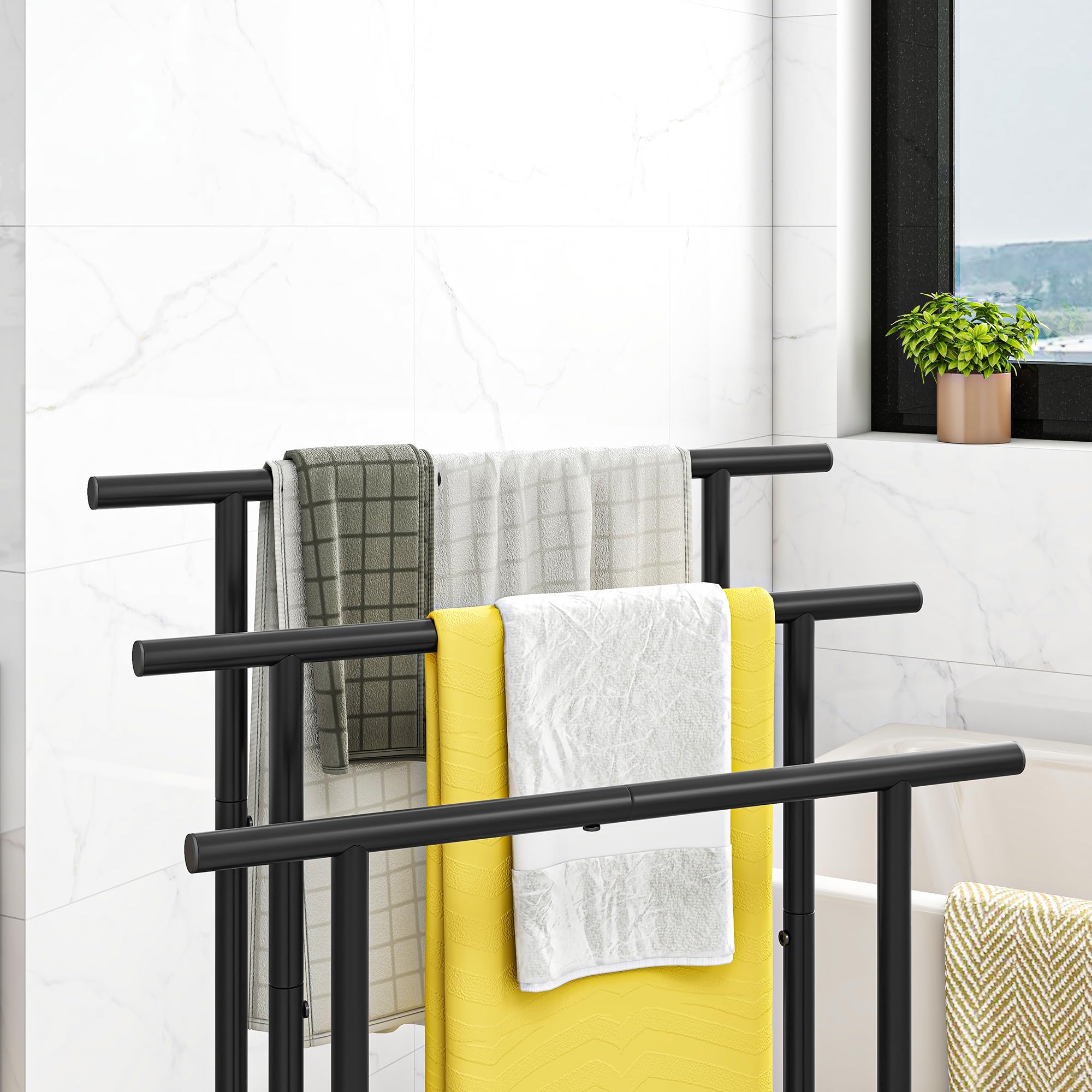 Porte-serviettes debout avec 3 barres porte-serviettes en métal avec 2 étagères, pour serviettes de bain, couvertures, peu encombrant, stable, style industriel, noir