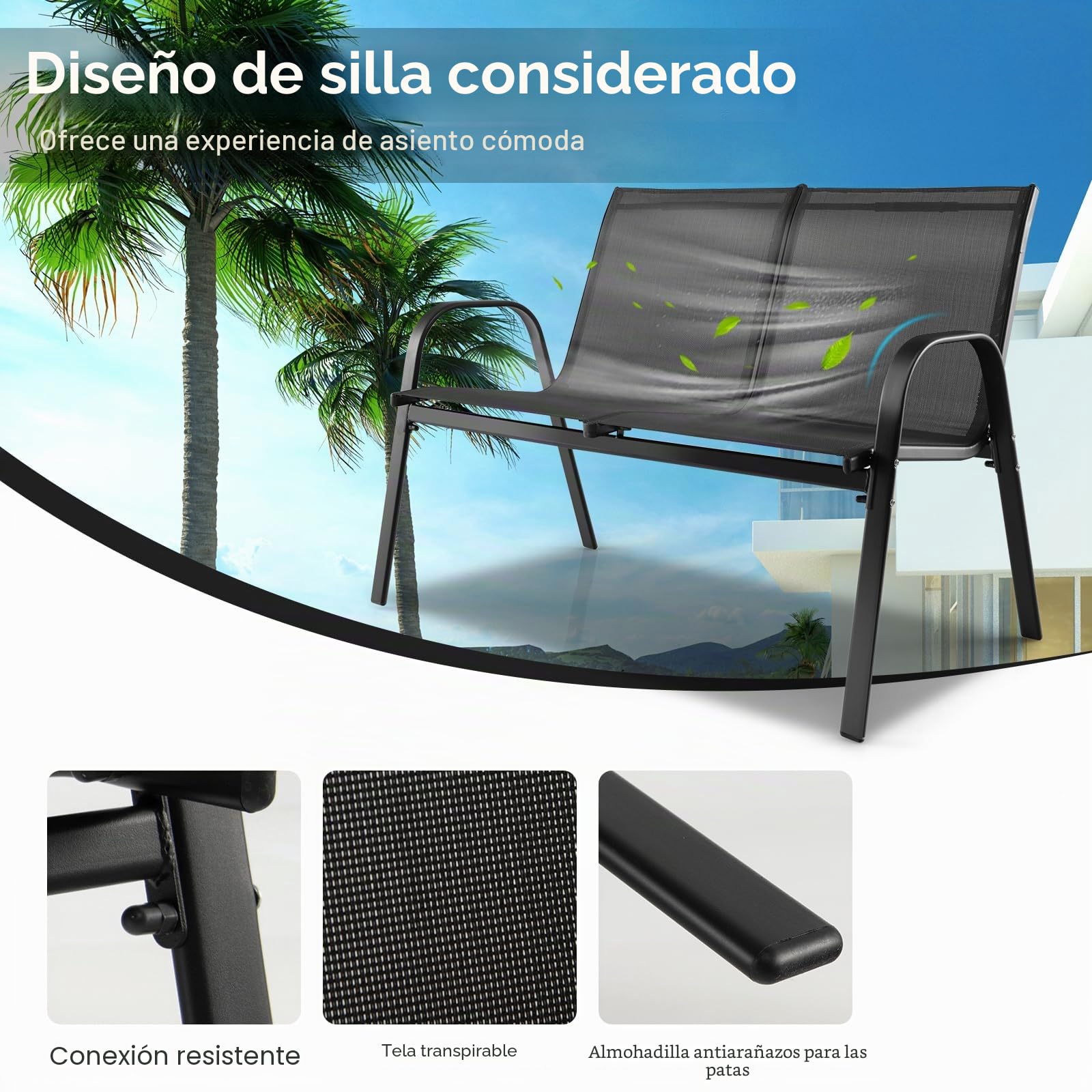 KOMFOTTEU Juego de Muebles de Jardín de 4 Piezas, Conjunto con Banco de 2 Plazas, Mesa de Centro y 2 Sillones, Set de Muebles de Textileno y Cristal Templado, para Balcón, Terreza, Patio (Negro)