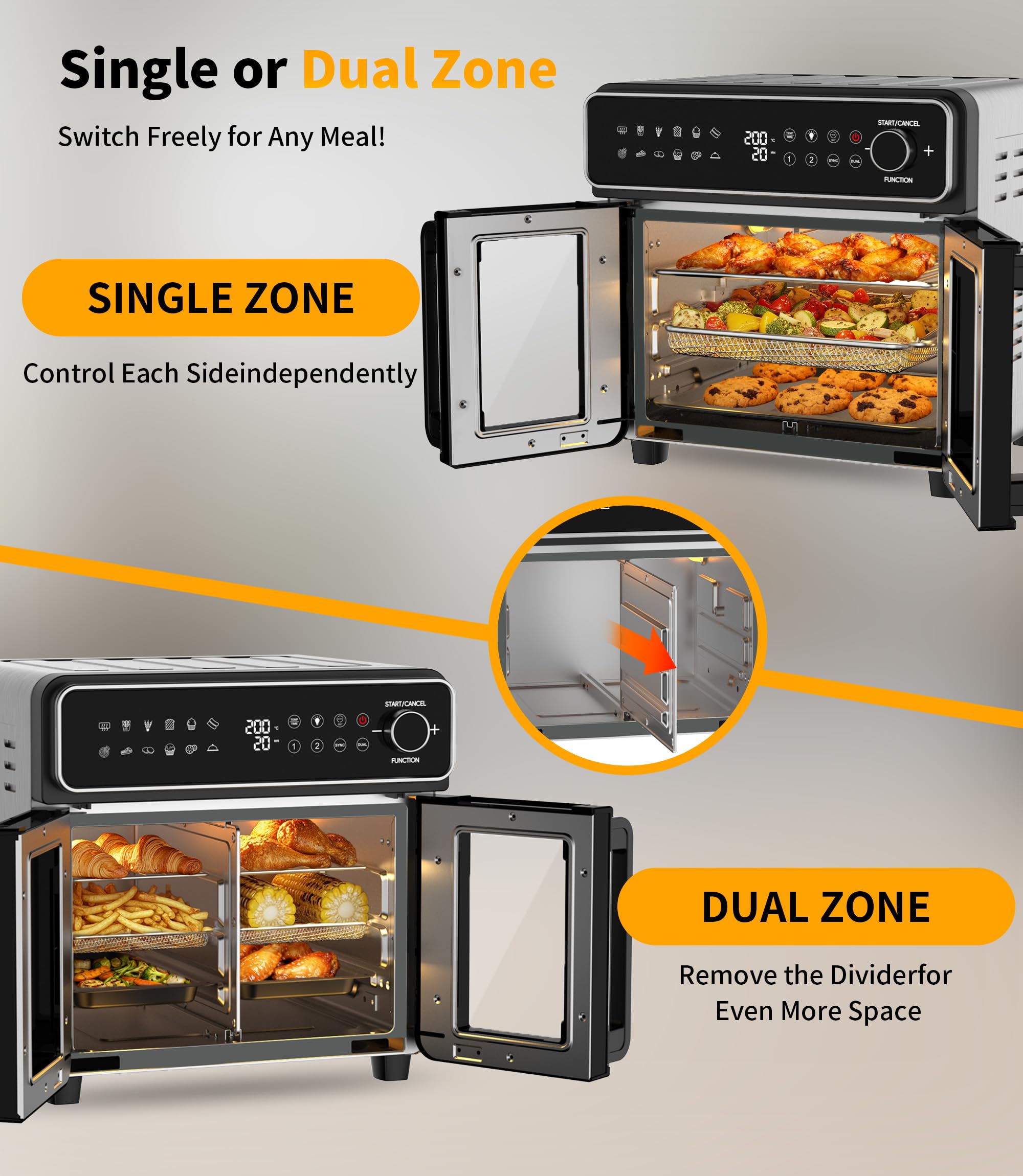 Friteuse à air chaud 23L Mini Four – Zone simple/double réglable, 2600W Airfryer avec Bouton rotatif & Écran tactile, 12 programmes, Intérieur en acier inoxydable, 13 accessoires & livre de recettes