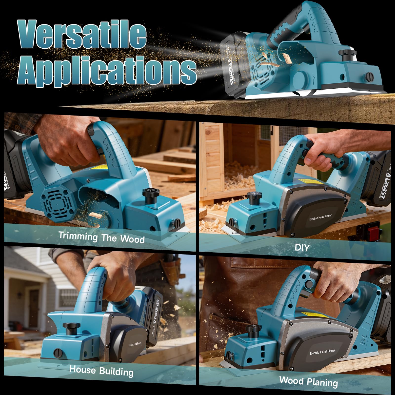 Rabot Sans Fil Compatible avec Makita 18V Batterie, 15000RPM Raboteuse Électrique à Une Main avec 2×4.0Ah Batterie, Largeur de Rabotage 82mm, Profondeur de Coupe 0-2mm