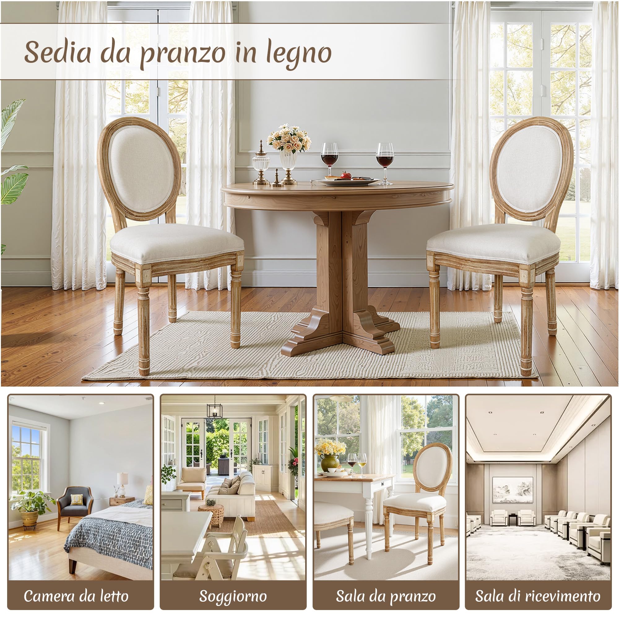 BonVache Set di 2 sedie da cucina in stile retrò, con schienale ovale classico, effetto lino e legno massiccio, spesse imbottite, per sala da pranzo, studio, soggiorno, bianco gesso